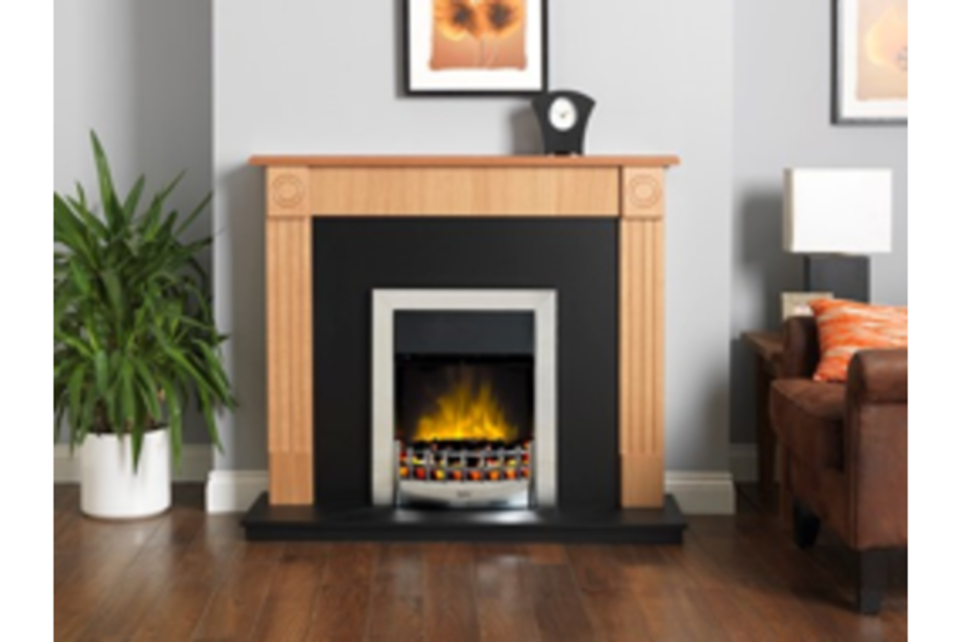 New - Robinson Willey Wycombe Electric Fire Suite. RRP £599.99. Natural oak surround Brass