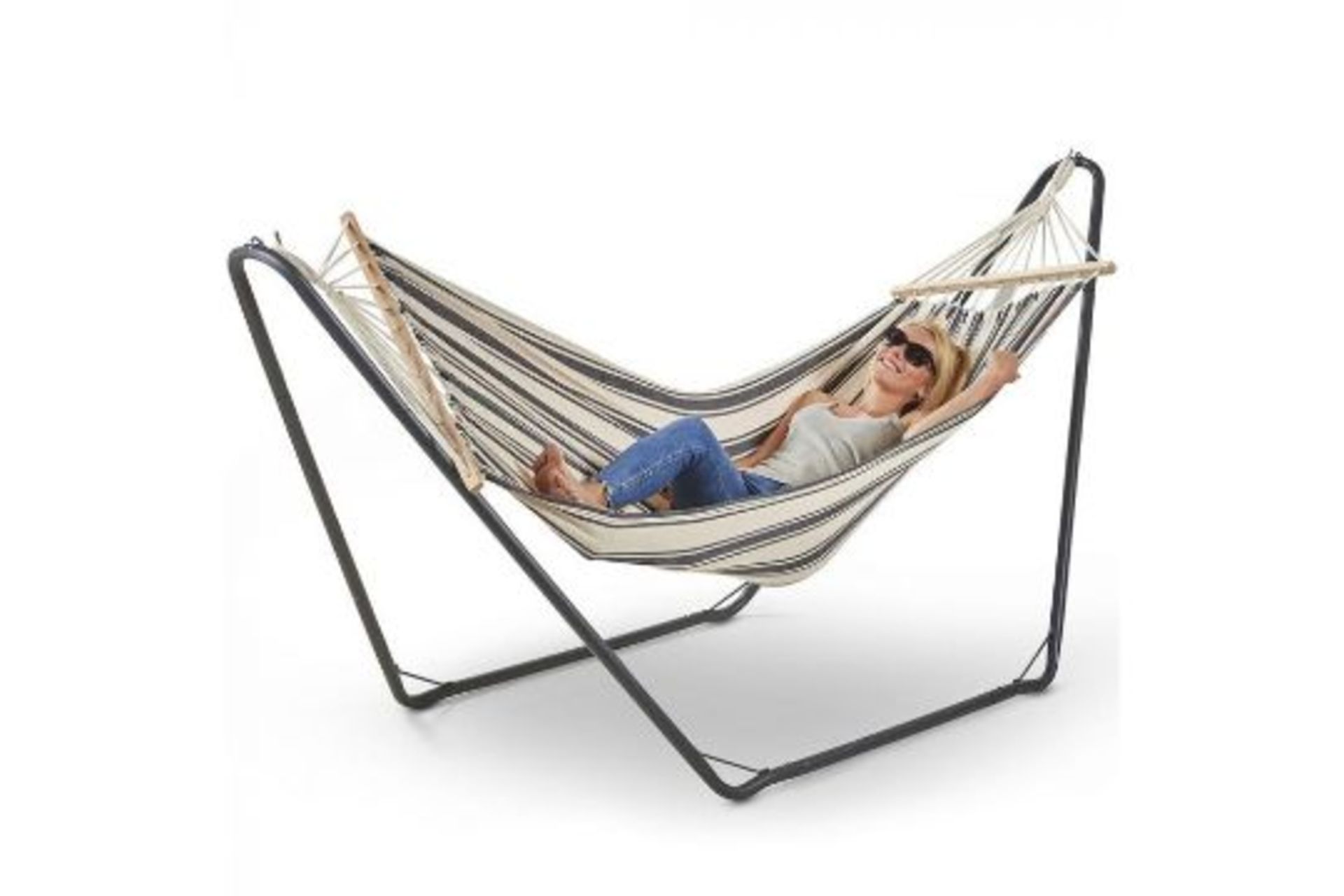 New Boxed - Hammock with Frame. (REF006-ROW6) Hanging around never felt as good! The 100% striped