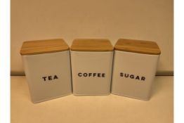 8 x NEW BOXED SETS OF 3 - TEA, COFFEE & SUGAR SETS - WHITE WITH BAMBOO AIRTIGHT LIDS (ROW19)