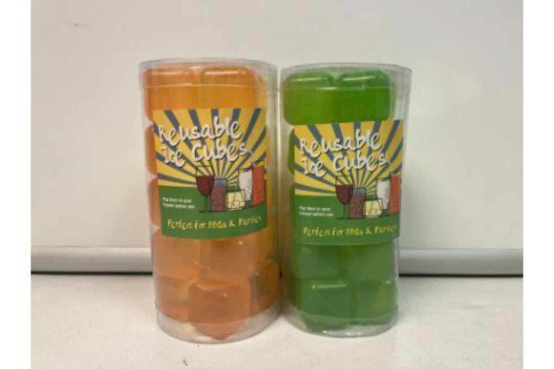 60 X NEW PACKAGED PACKS OF 20 REUSABLE ICE CUBES IN ASSORTED COLOURS. PERFECT FOR BBQs & PARTIES. (