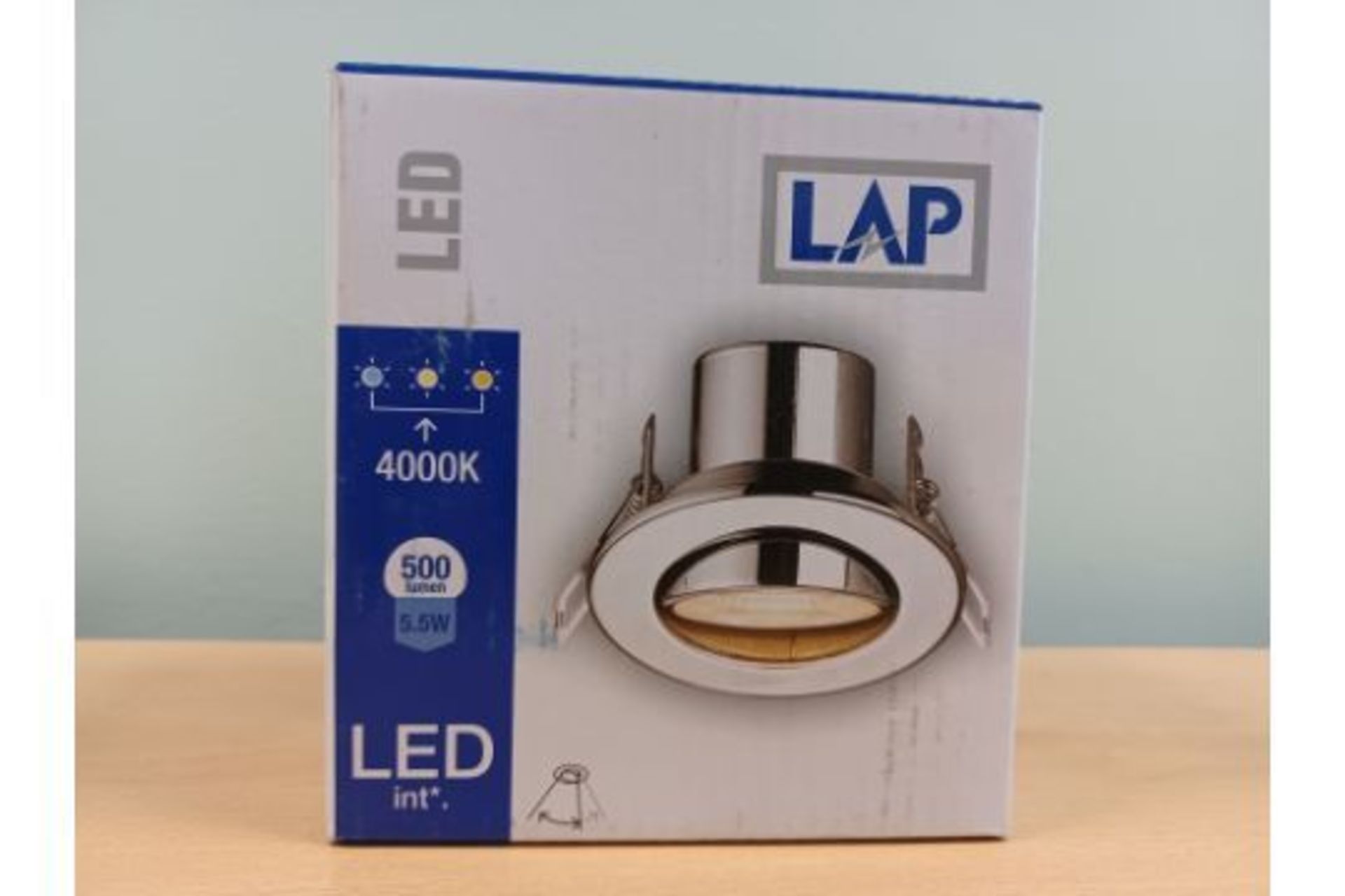 PALLET TO CONTAIN 108 X NEW BOXED LAP LED CHROME DOWNLIGHTS. 500 LUMENS. 5.5W. 4000K. TILTABLE. (