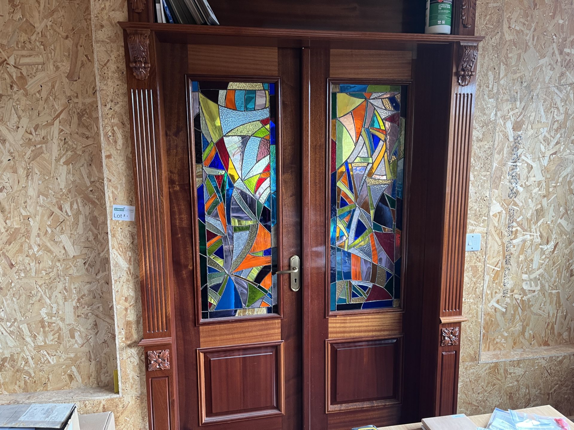 SOLID MAHOGANY HAND CRAFTED DOORS AND FRAME WITH STAINED GLASS. RRP £10,500. SIZE APPROX. 252CM(H) X