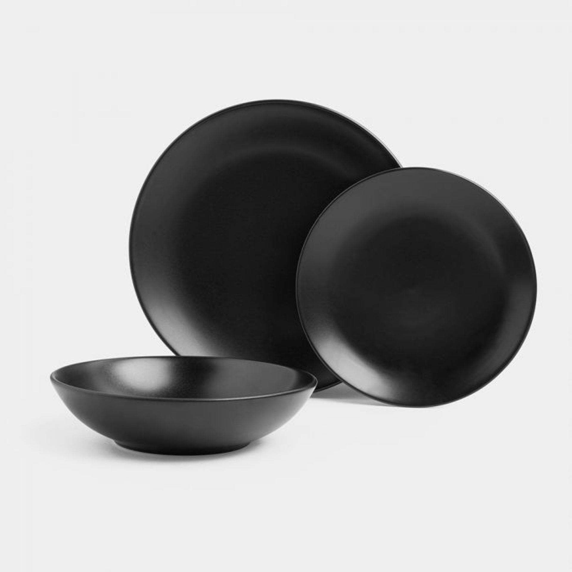 12pc Matte Black Dinner Set. 4 x Dinner plate: D28cm 4 x Side plate: D21cm, 4 x Bowl: D16cm