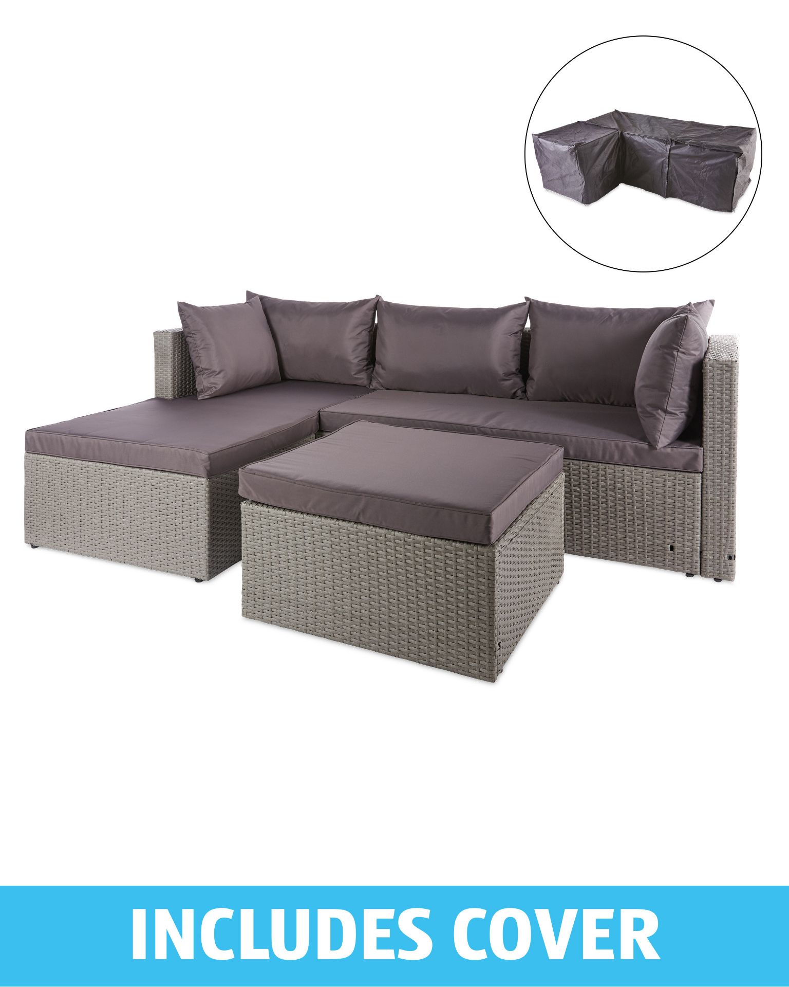 Grey Rattan Corner Sofa & Cover.