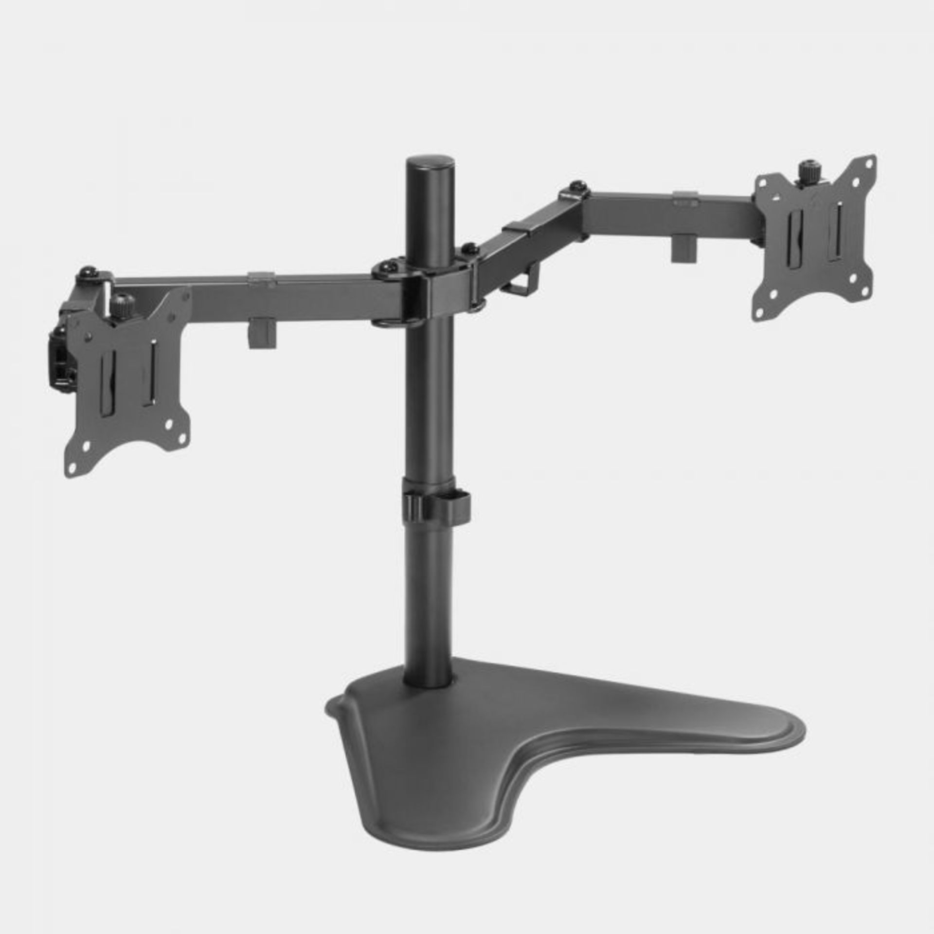 Dual Arm Desk Mount with Stand. Constructed from high grade steel and aluminium, this dual mount