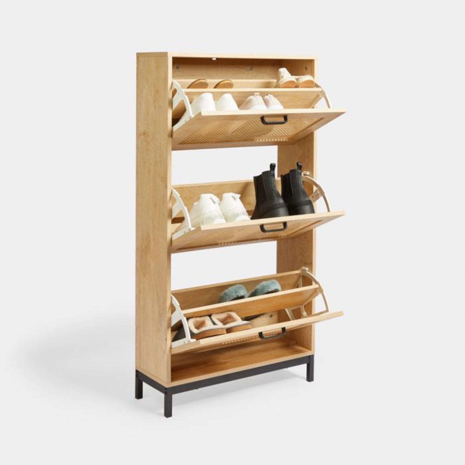 Lena Rattan Shoe Storage Cabinet. Made with a unique industrial-modern aesthetic, the Lena Rattan