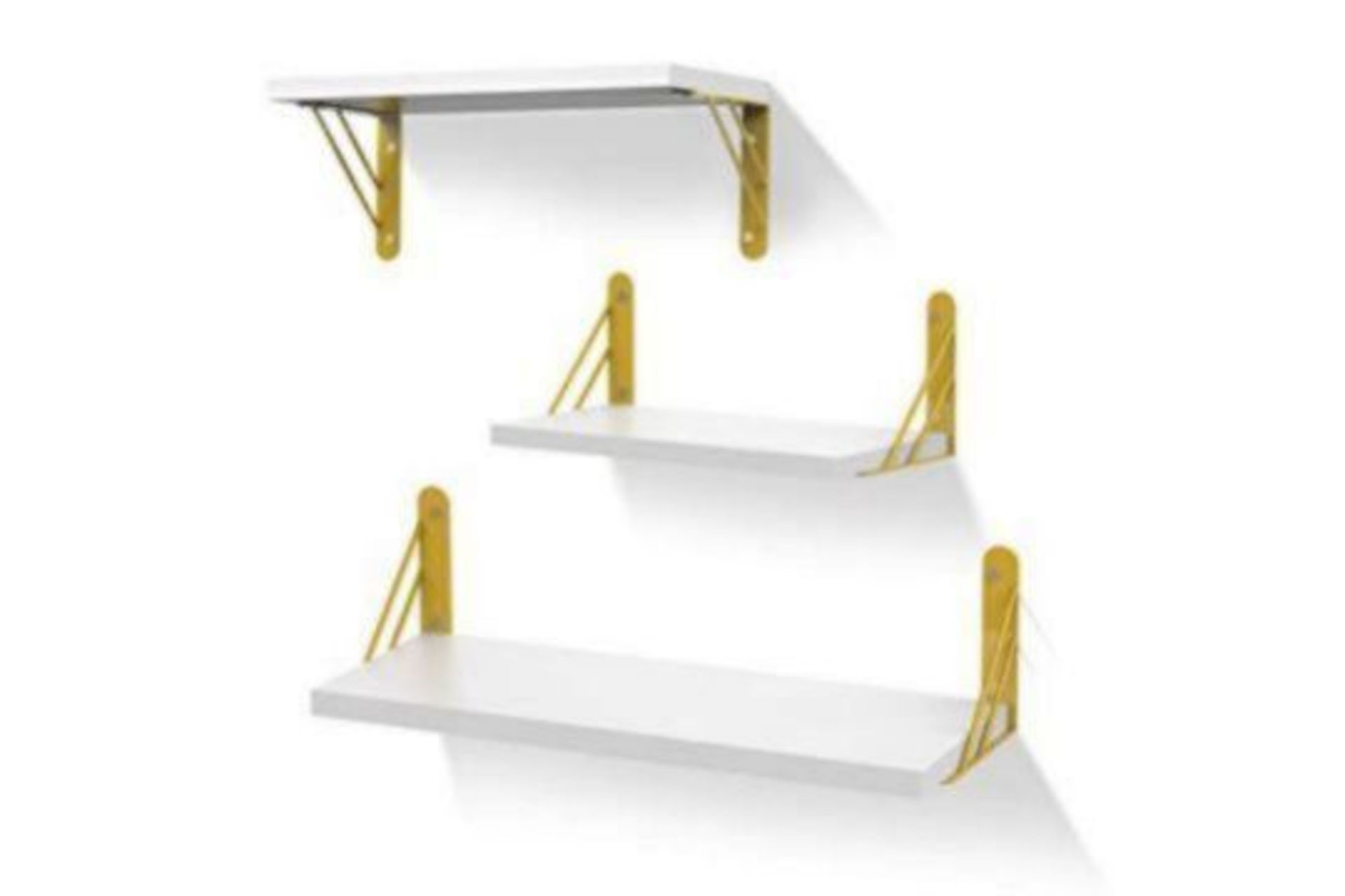 12 X BRAND NEW SETS OF 3 WHITE FLOATING SHELF WITH GOLDEN HARDWARE BRACKETS RRP £60 EACH S1P
