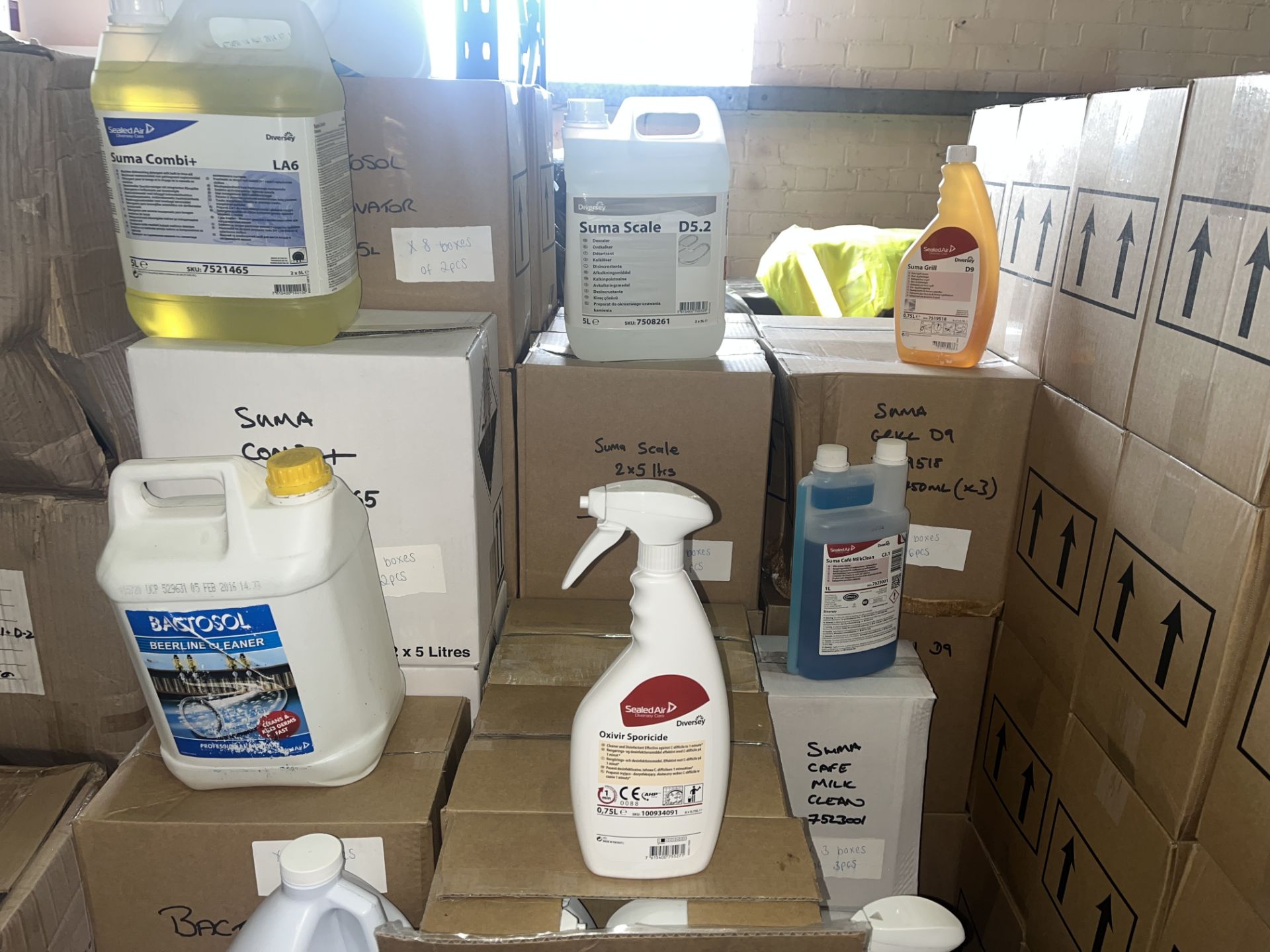 42 PIECE MIXED CLEANING LOT INCLUDING OXIVIR SPORICIDE AND SUMA SCALE R15