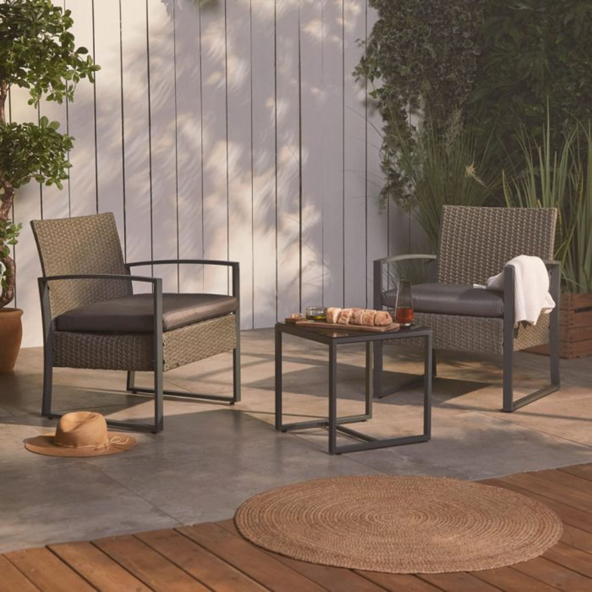 New & Boxed 2 Seater Outdoor Rattan Garden Bistro Set. (REF519PW) Rattan Bistro Set. The perfect set