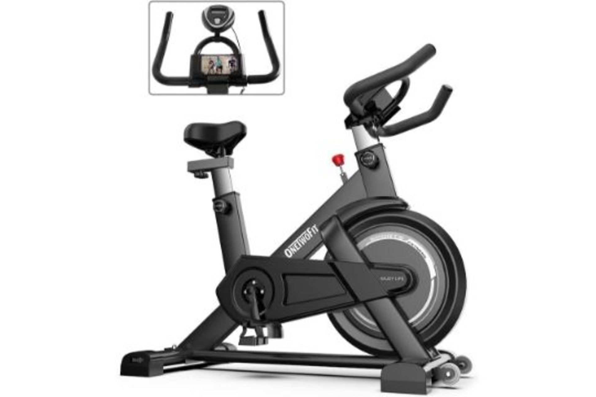 BRAND NEW GREY ONETWOFIT EXERCISE BIKE, CARDIO SPINNING BIKE WITH ADJUSTABLE HANDLEBAR AND SEAT, LCD