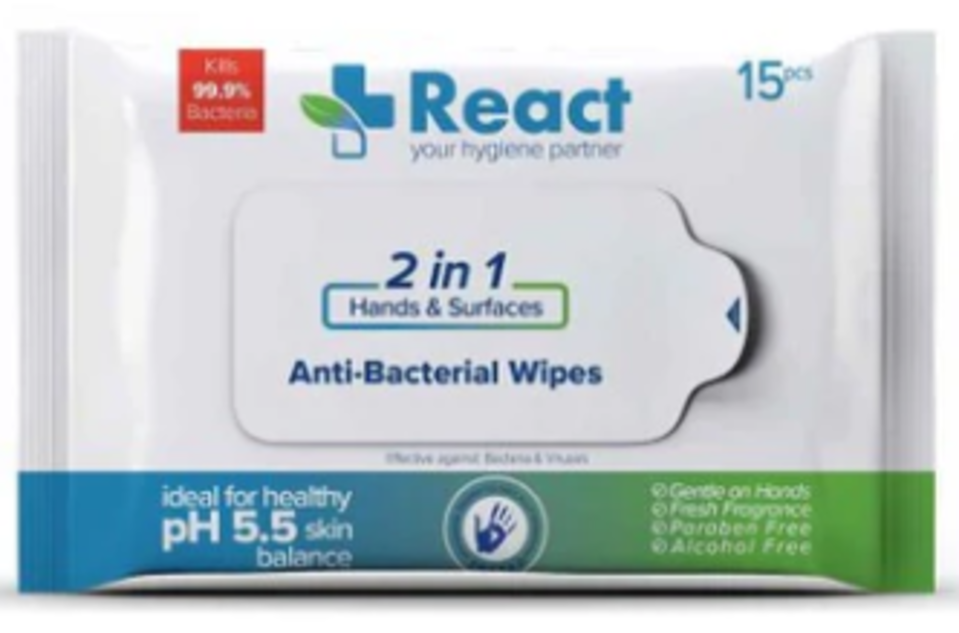 Pallet To Contain 4,200 Packs of 15 React - 2 in 1 Hand & Surfaces Anti-Bacterial Wipes. RRP £1.99