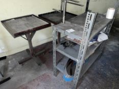 2 X WHEELED METAL WORK BENCHES AND 3 TIER STORAGE RACK. (BUILDING 2)