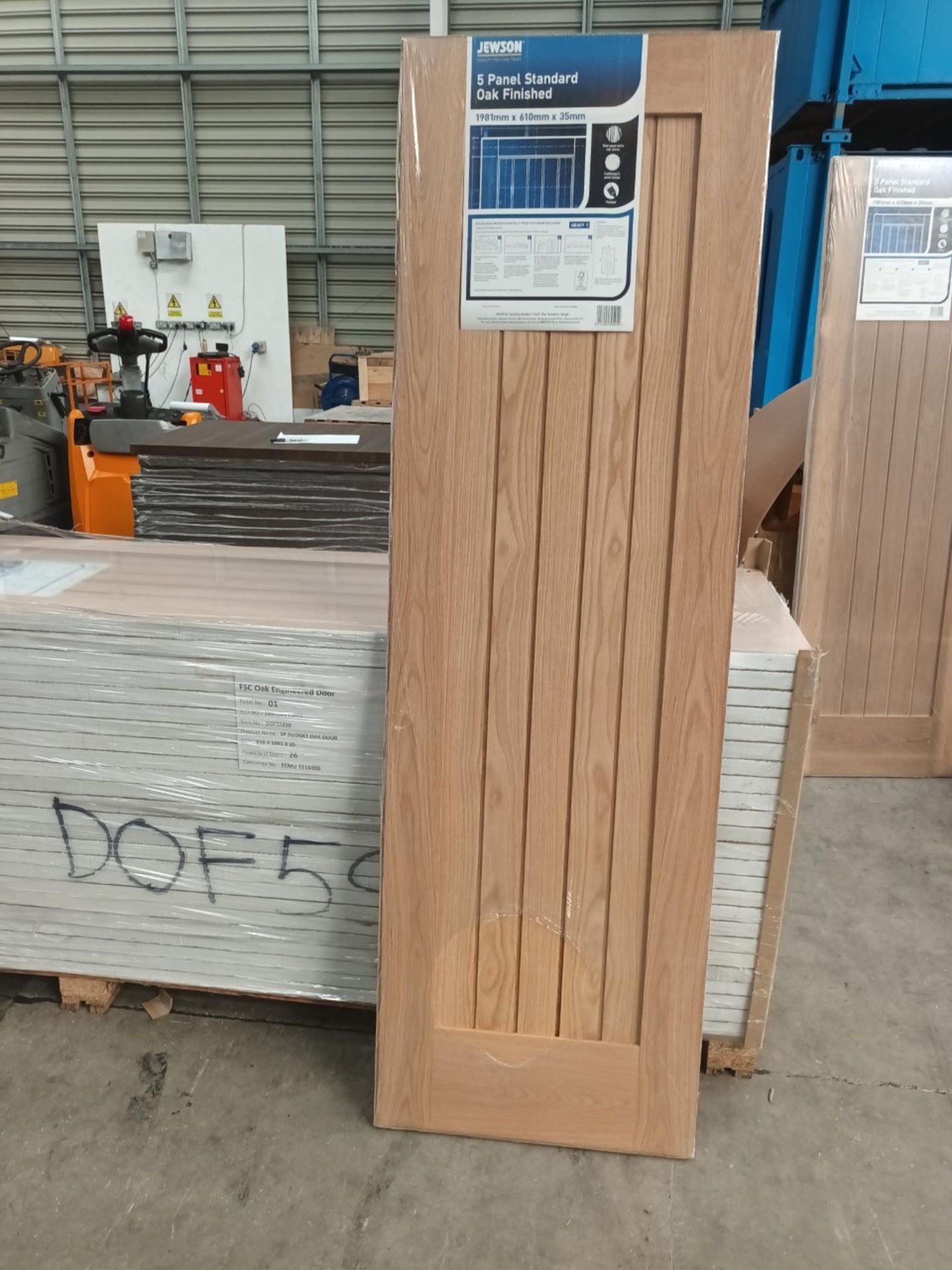 PALLET LOT 26 X NEW PACKAGED 5 PANEL OAK FINISHED DOORS. RRP £228 EACH, GIVING THIS LOT A TOTAL