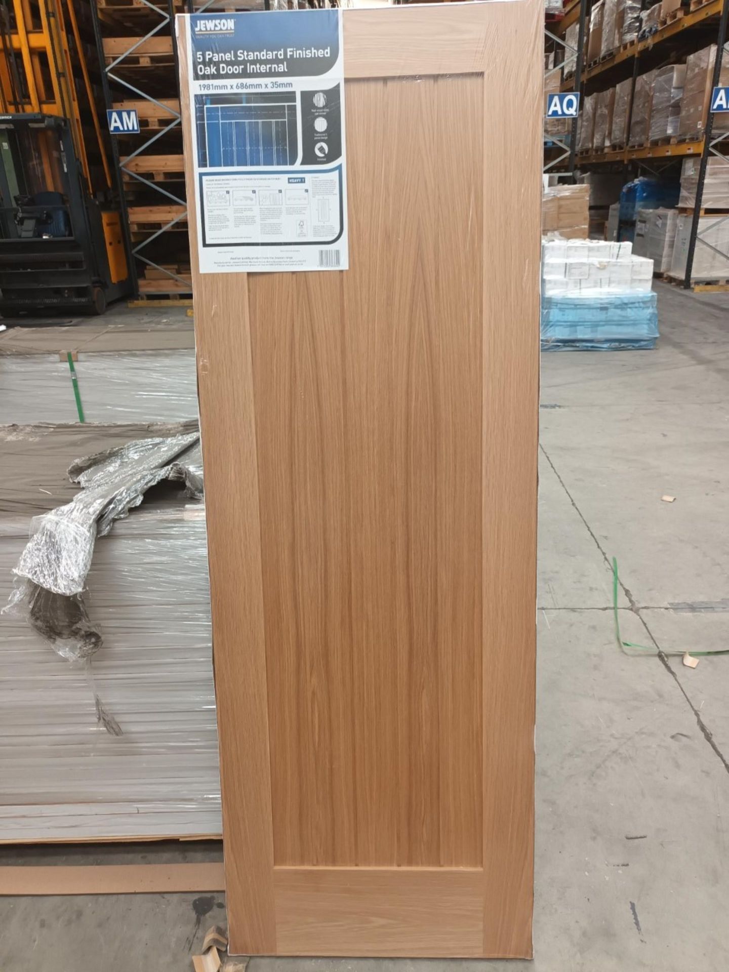 PALLET LOT 26 X NEW PACKAGED 5 PANEL OAK FINISHED DOORS. RRP £234 EACH, GIVING THIS LOT A TOTAL