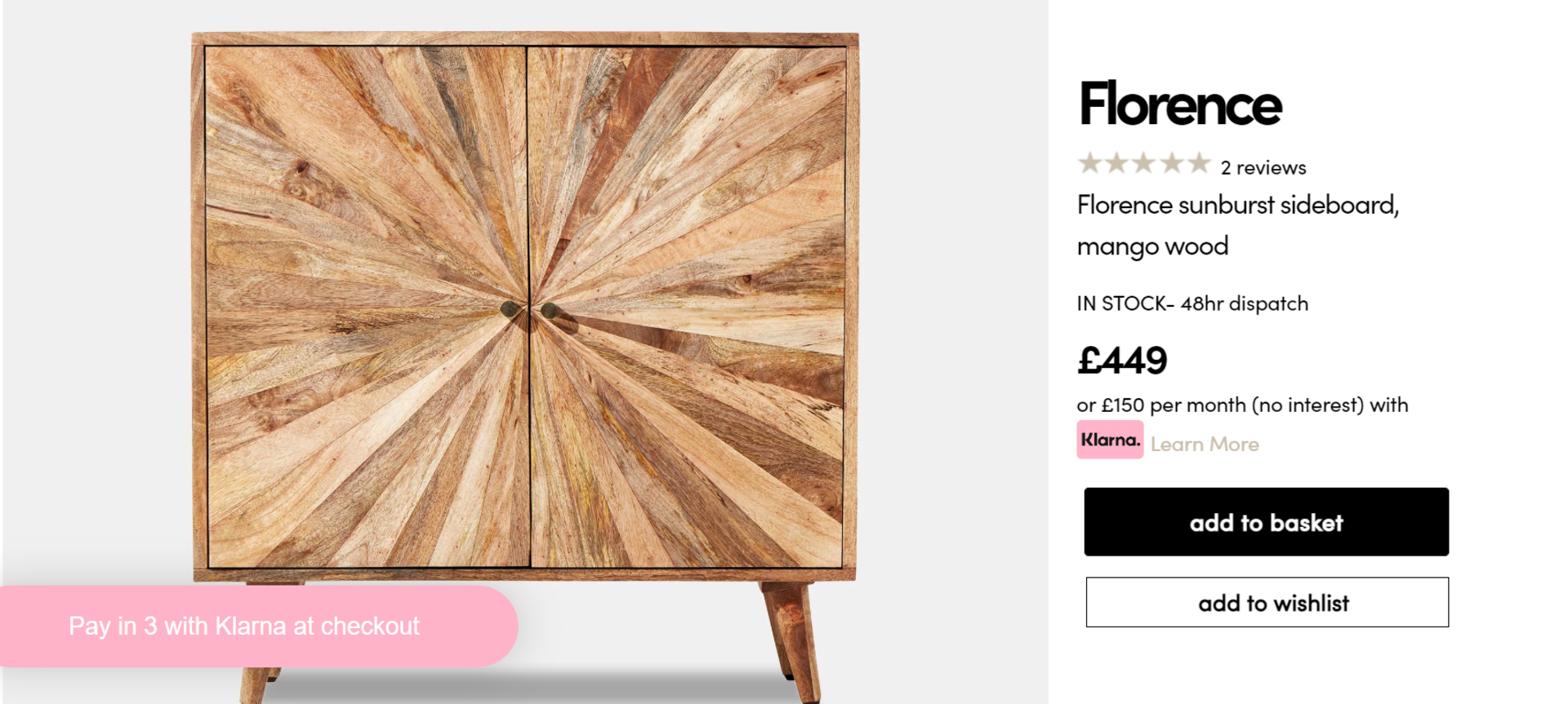 Florence Sunburst Sideboard, Mango Wood. A warm oak style finish perfectly compliments the