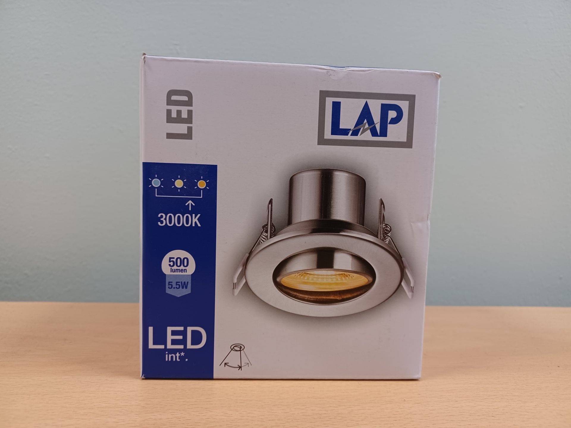 PALLET TO CONTAIN 216 X NEW BOXED LAP SATIN LED DOWNLIGHTS. 500 LUMEN. 5.5W. 3000K. TILTABLE (ROW