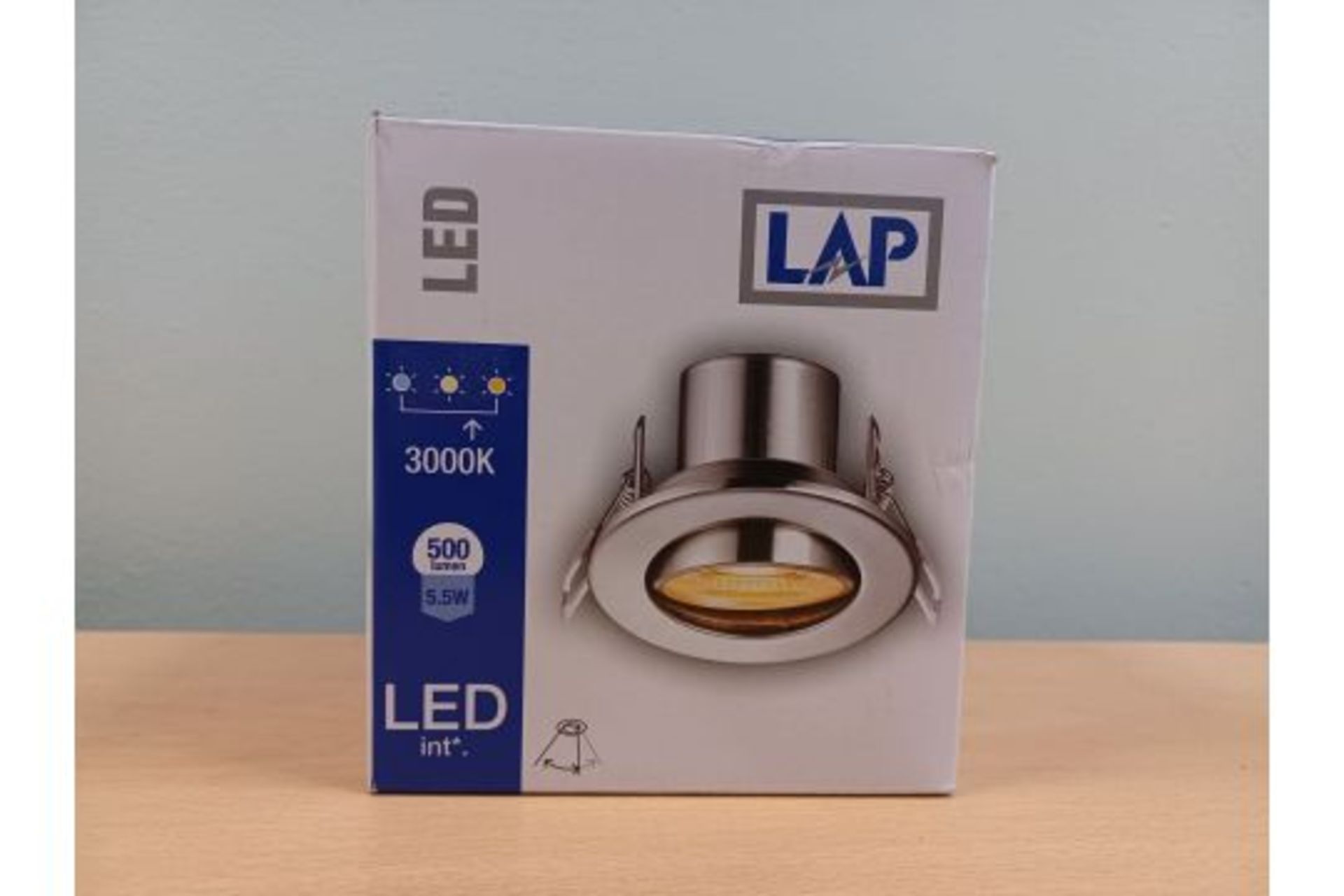 PALLET TO CONTAIN 420 X NEW BOXED LAP SATIN LED DOWNLIGHTS. 500 LUMEN. 5.5W. 3000K. TILTABLE (ROW