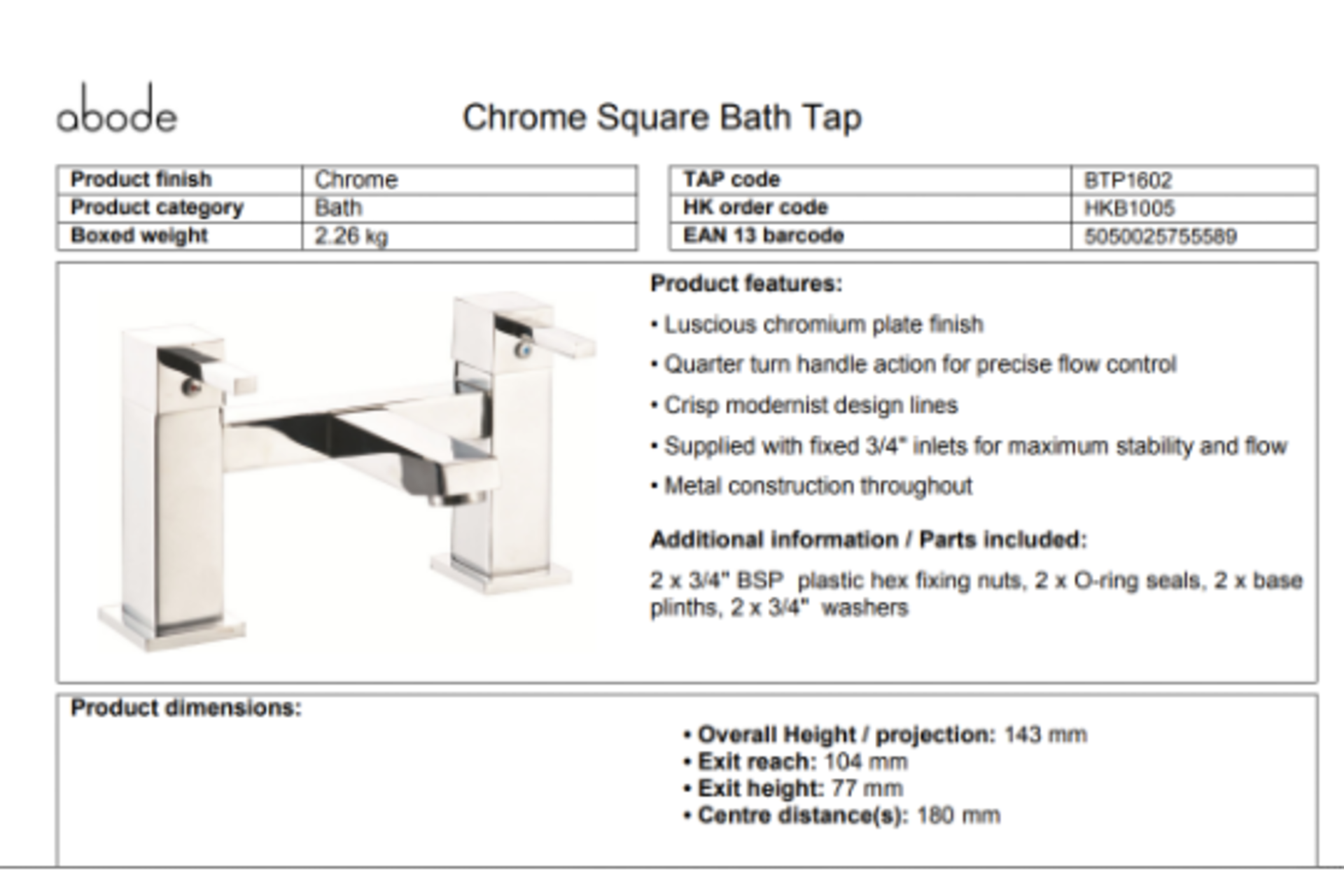 2 x NEW BOXED Abode Lamona CONTEMPORARY CHROME BATH TAPS. RRP £129.99 EACH, GIVING THIS LOT A - Image 2 of 4