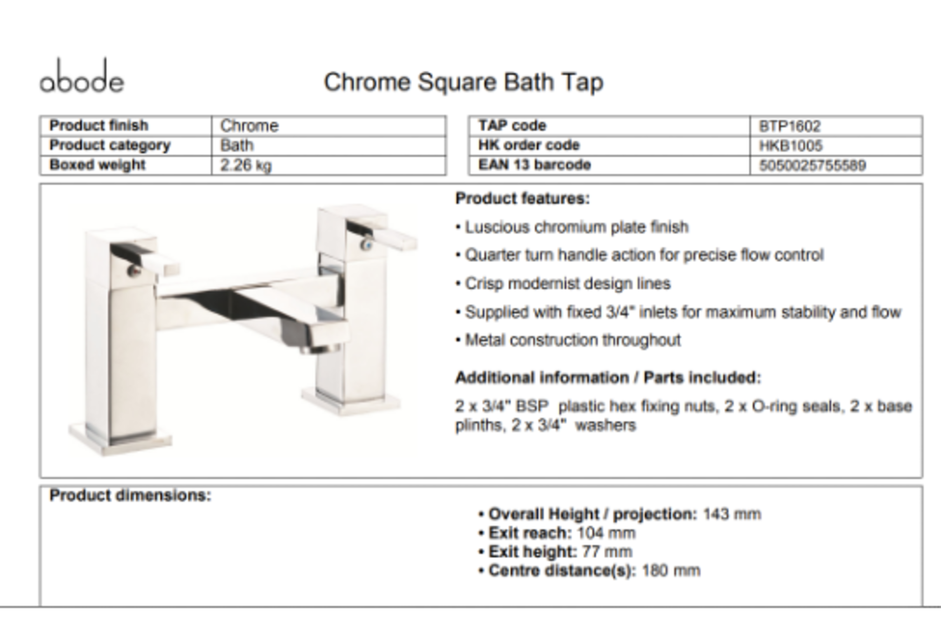 PALLET TO CONTAIN 40 x NEW BOXED Abode Lamona CONTEMPORARY CHROME BATH TAPS. RRP £129.99 EACH, - Image 2 of 4