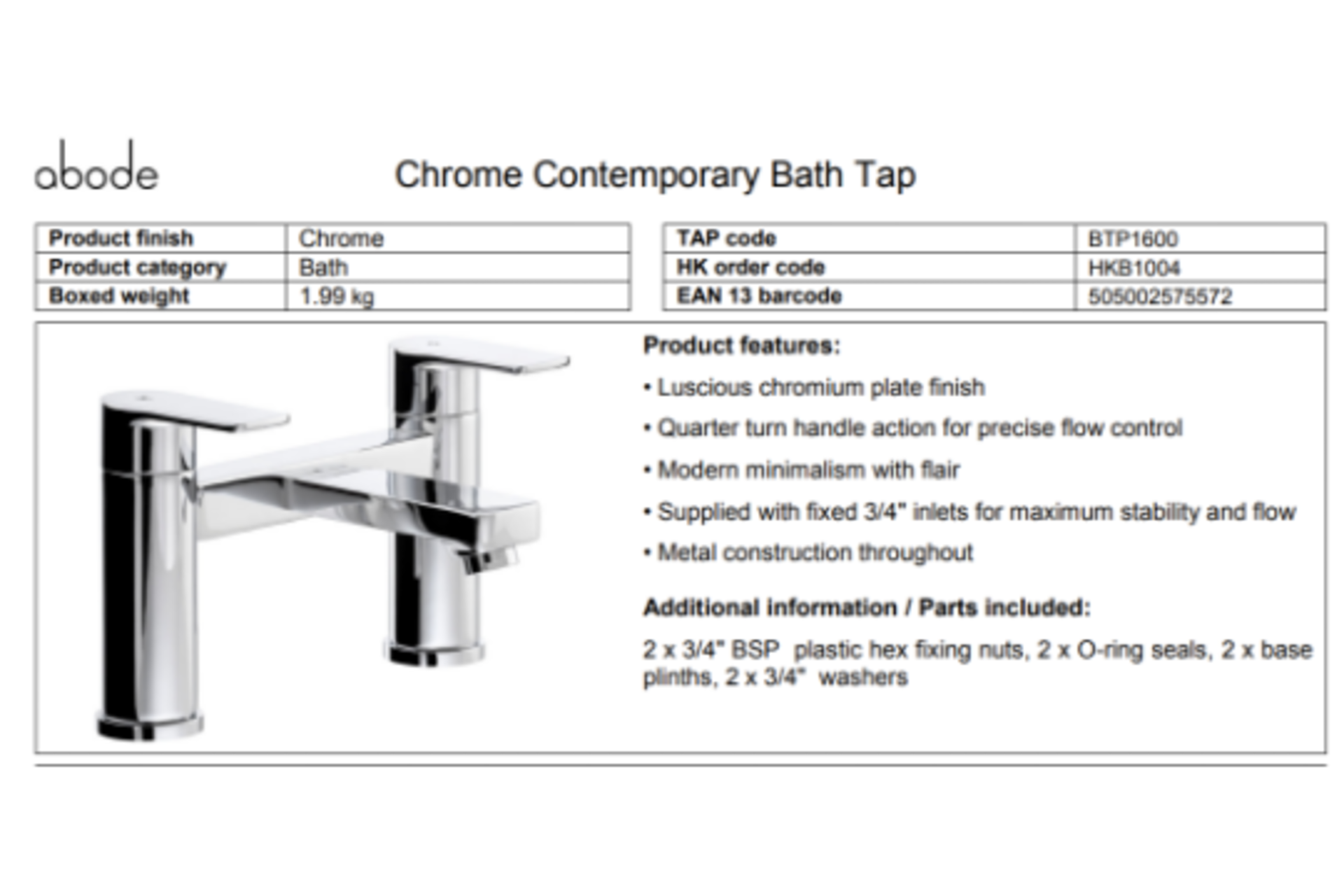 2 x NEW BOXED Abode Lamona CONTEMPORARY CHROME BATH TAPS. RRP £129.99 EACH, GIVING THIS LOT A - Image 2 of 4