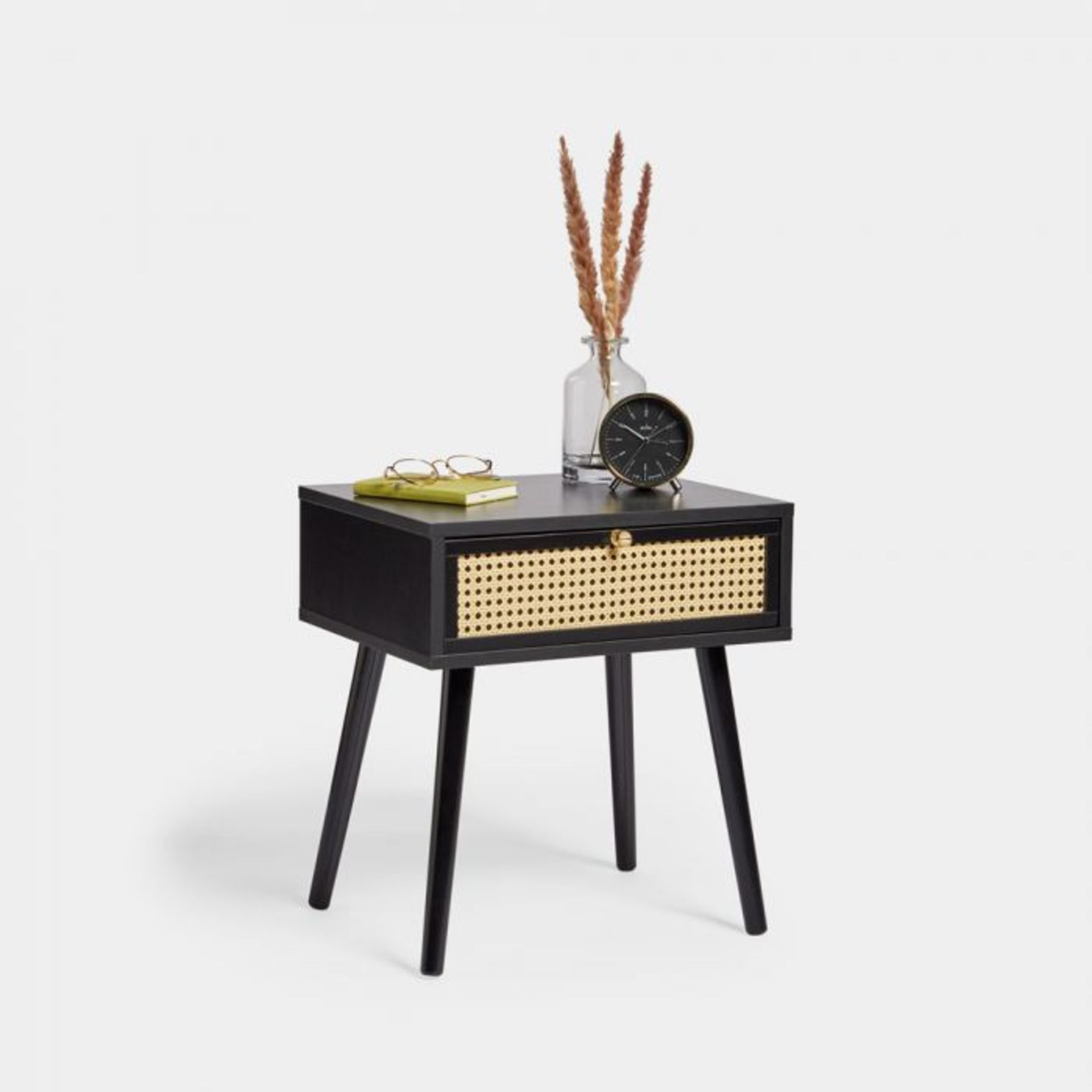 Whitworth Cane 1 Drawer Side Table. Combining bohemian cane and sleek black wood, this beautiful