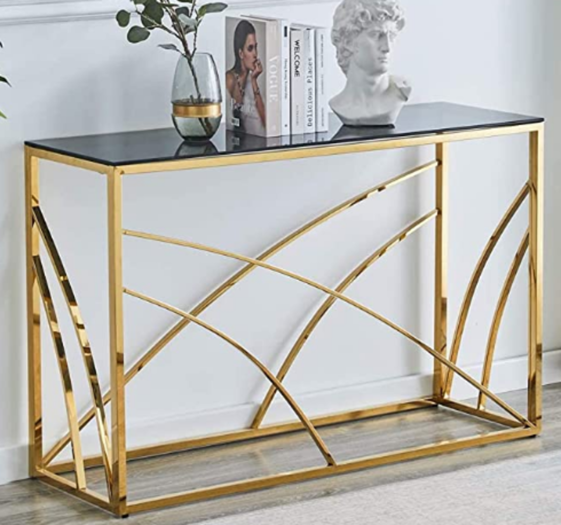 BRAND NEW STAINLESS STEEL CONSOLE TABLE WITH A GLASS TOP IN GOLD 120CM (JHAS55G) RRP £229