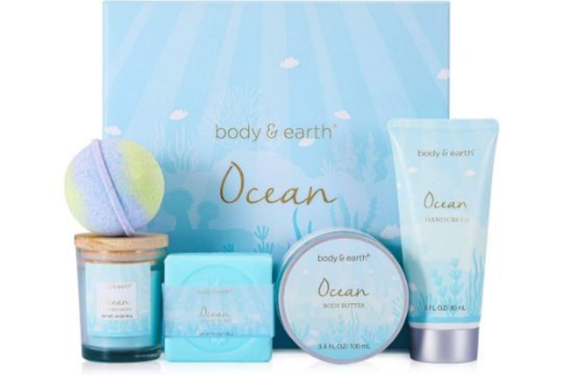PALLET TO CONTAIN 80 x NEW BOXED BODY & EARTH OCEAN 5 PIECE GIFT SETS. EACH SET INCLUDES: BATH BOMB,