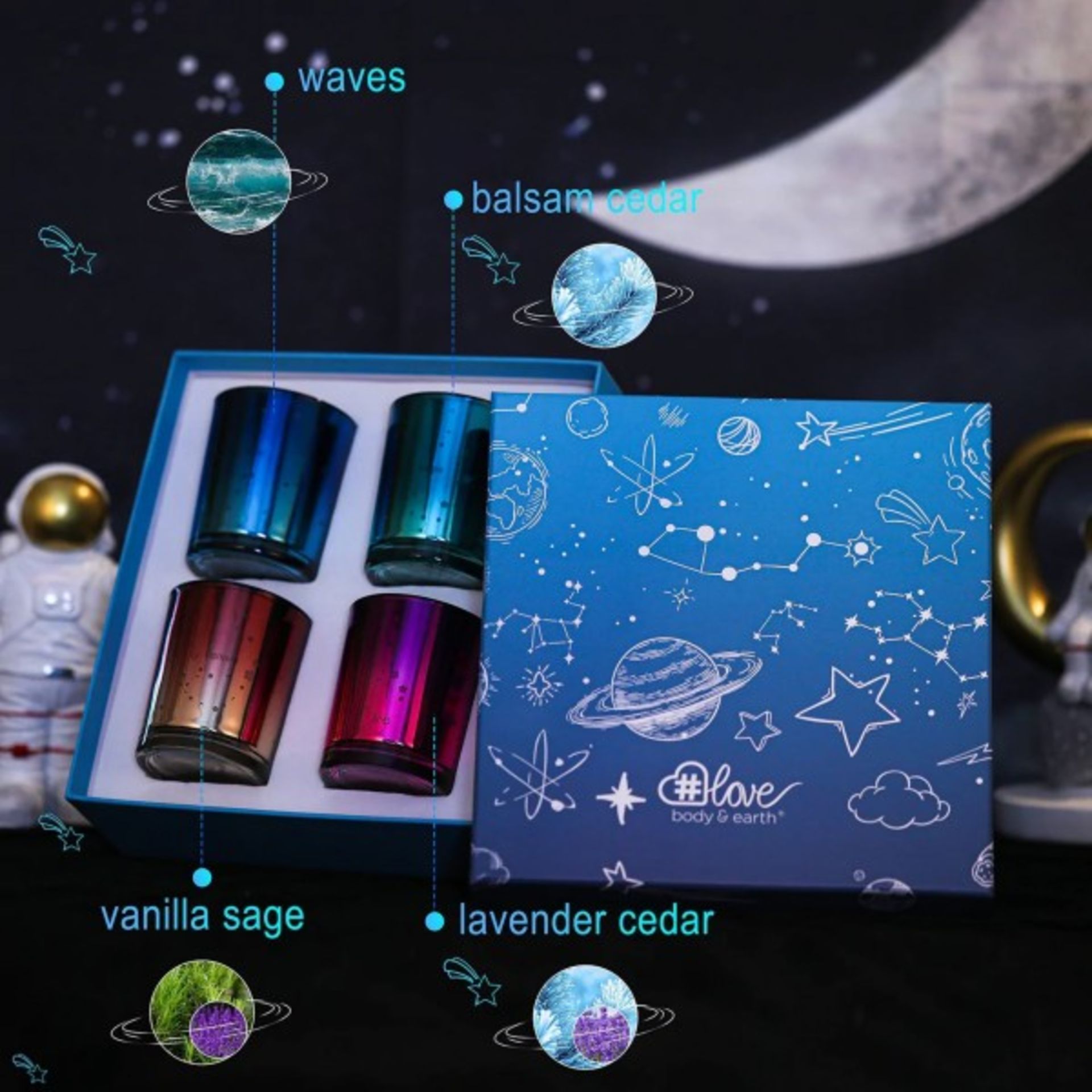 6 X NEW PACKAGED 4 Piece Aromatherapy Scented Candle Set. (SKU:BEL-SC-07) GALAXY THEME: Each - Image 2 of 3