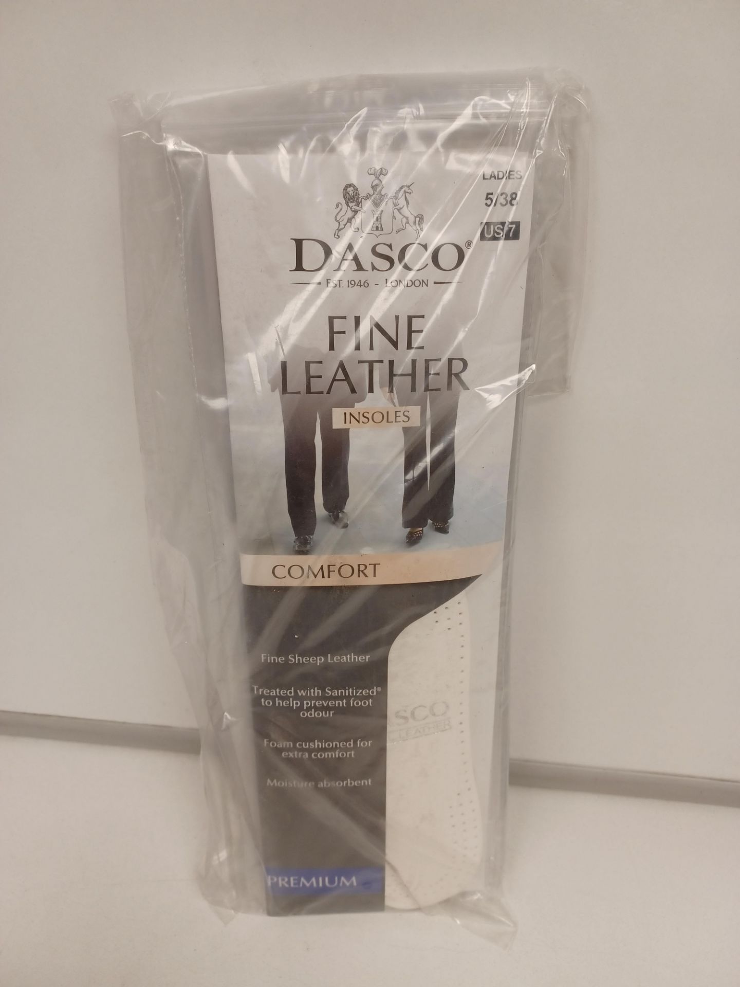 120 X NEW PACKAGED DASCO FINE LEATHER PREMIUM INSOLES. ROW 18
