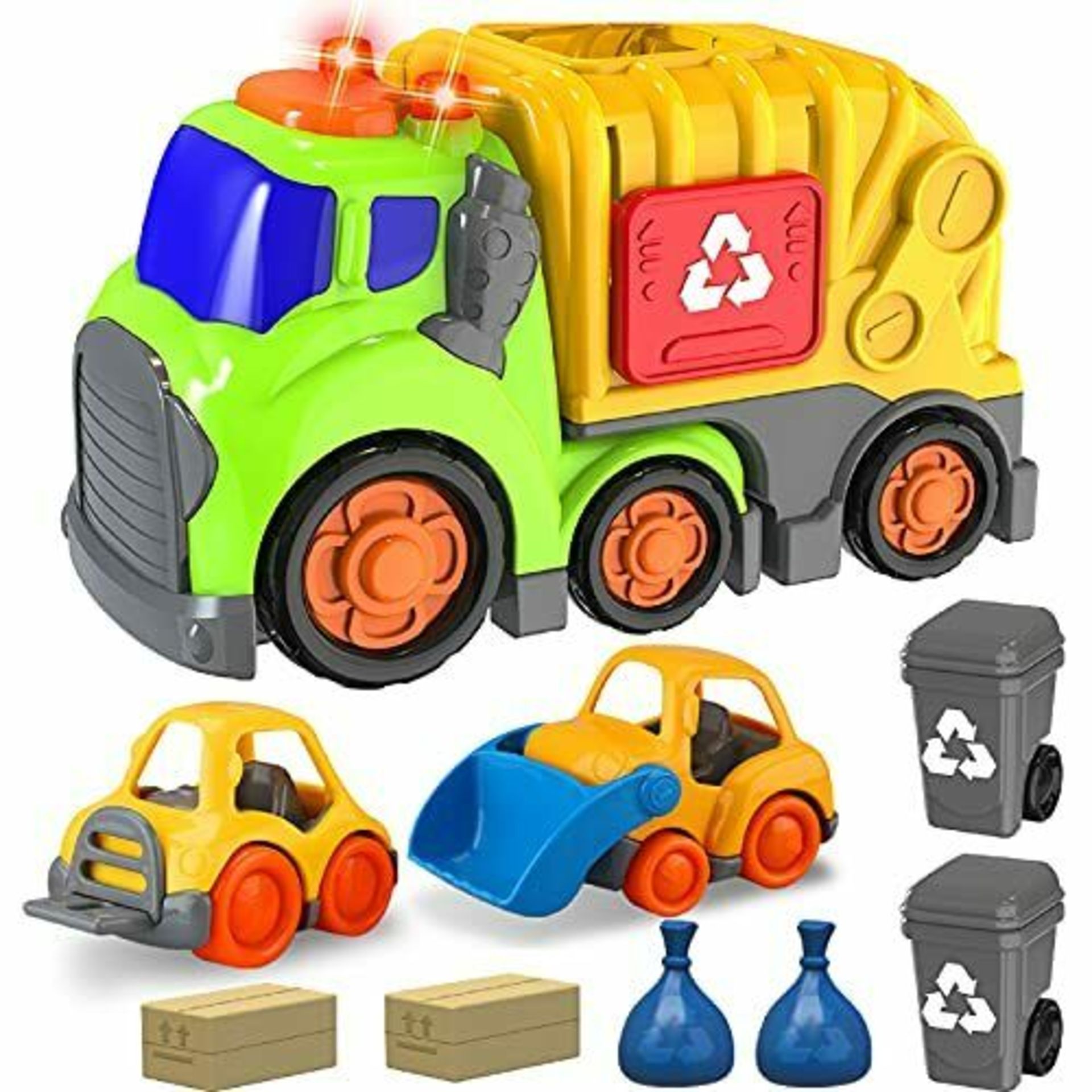 6 X BRAND NEW GARBAGE TRUCK WITH 2 TRASH CANS SOUND AND LIGHT RRP £35 EACH