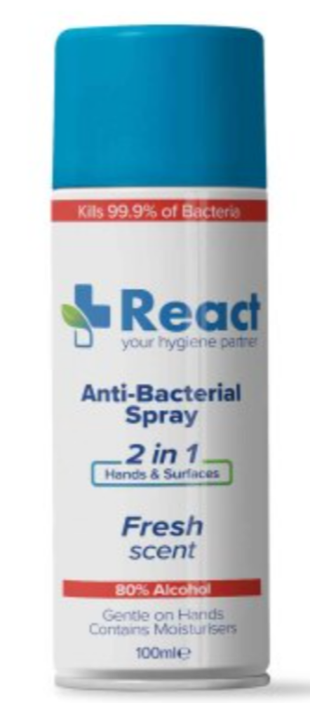 Pallet Lots of React Antibacterial Spray 100ml | 4,800 Units Per Pallet | Huge Re-Sale Potential | COLLECTION & DELIVERY AVAILABLE.