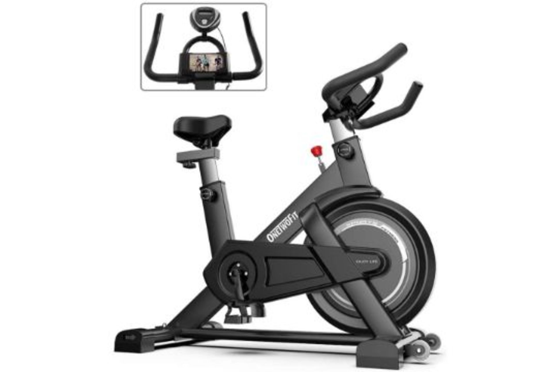 PALLET TO CONTAIN 5 X BRAND NEW GREY ONETWOFIT EXERCISE BIKE, CARDIO SPINNING BIKE WITH ADJUSTABLE
