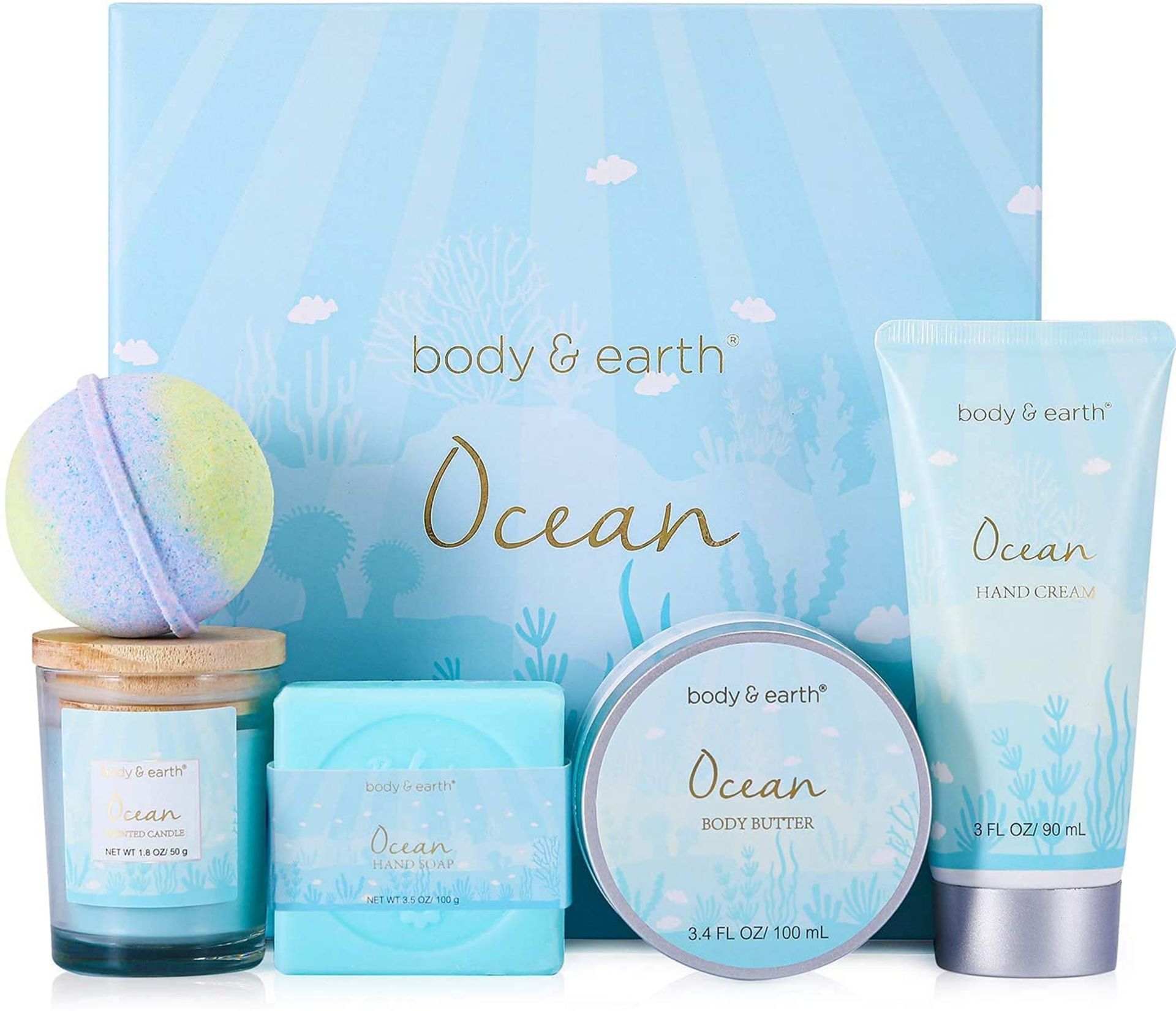 16 x NEW BOXED BODY & EARTH OCEAN 5 PIECE GIFT SETS. EACH SET INCLUDES: BATH BOMB, HAND SOAP, HAND