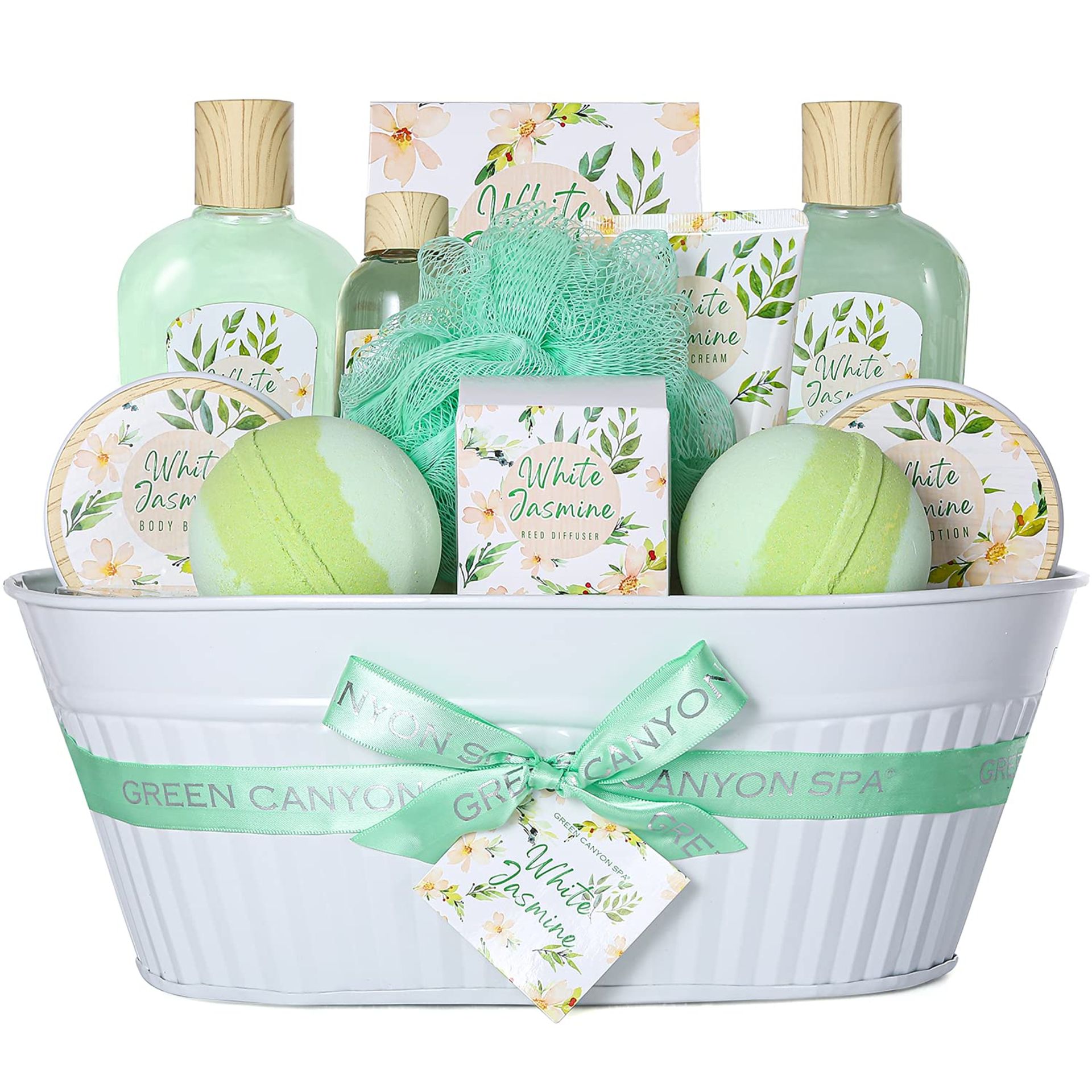 4 X NEW PACKAGED - Green Canyon 12 Pcs White Jasmine Bath Gift Sets Home Spa Gift Baskets Green