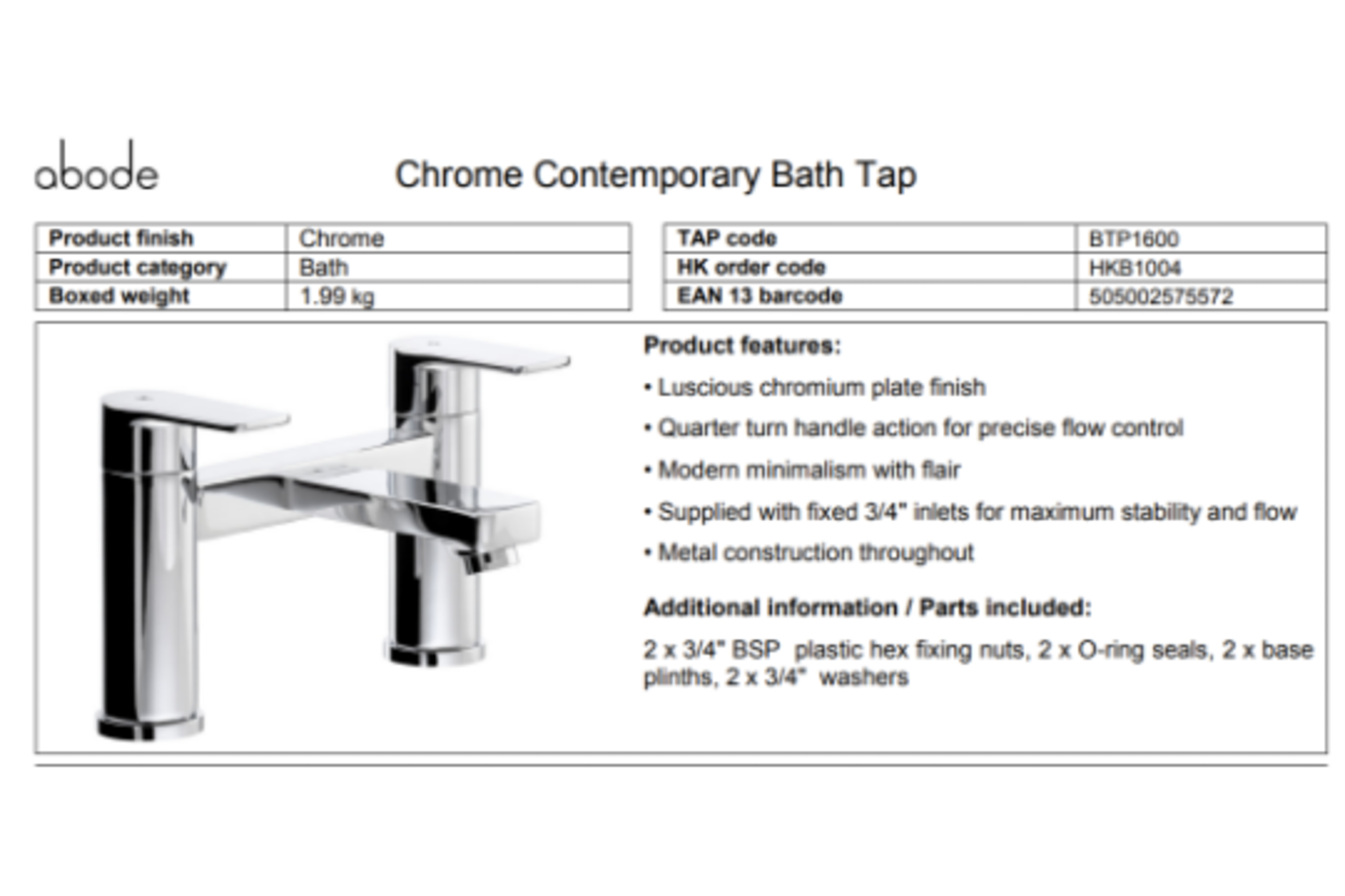 12 x NEW BOXED CONTEMPORARY Abode Lamona CHROME BATH TAPS. RRP £129.99 EACH, GIVING THIS LOT A TOTAL - Image 2 of 4