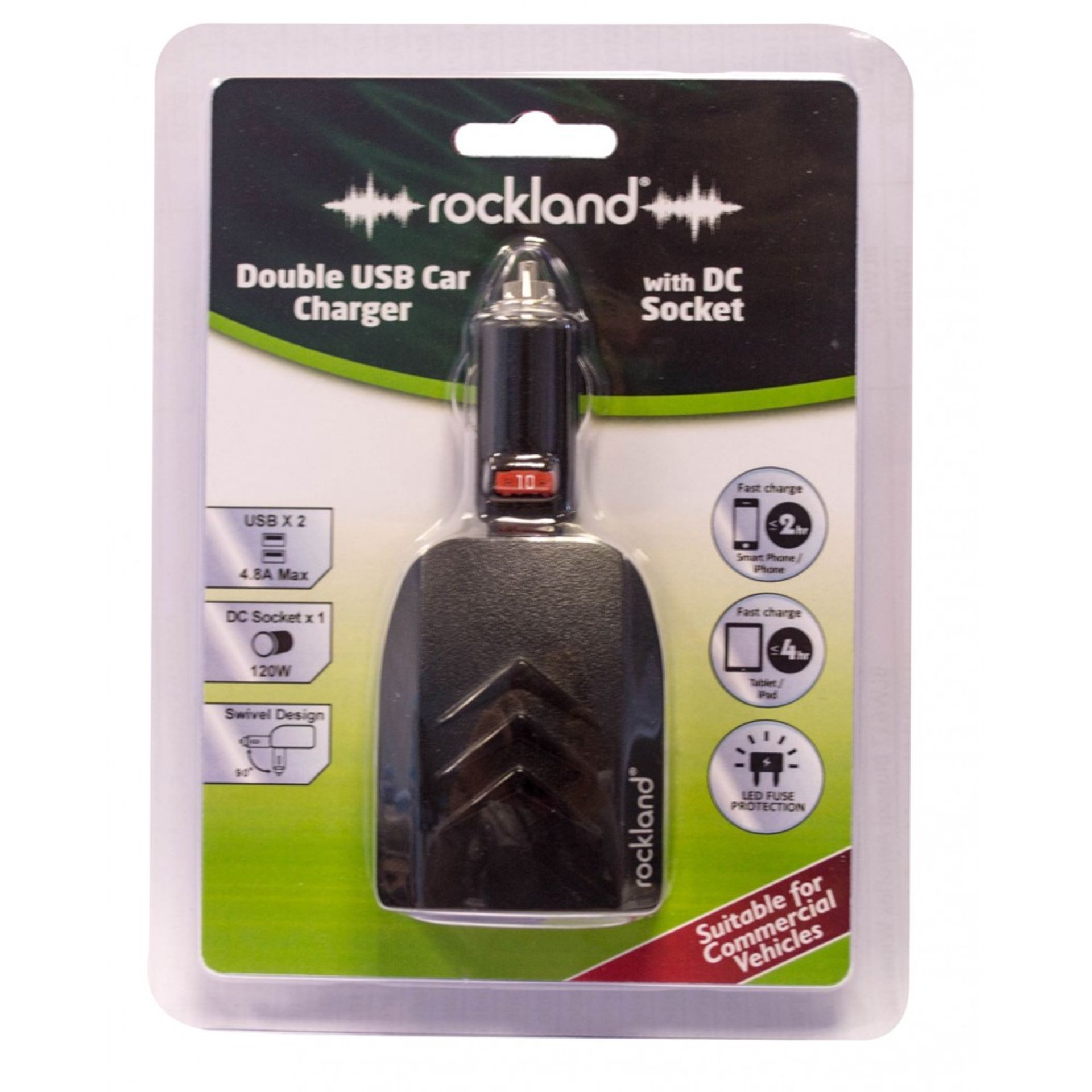 128 X BRAND NEW ROCKLAND DOUBLE USB CAR CHARGERS WITH DC SOCKET (ROW15TOP/DBL)