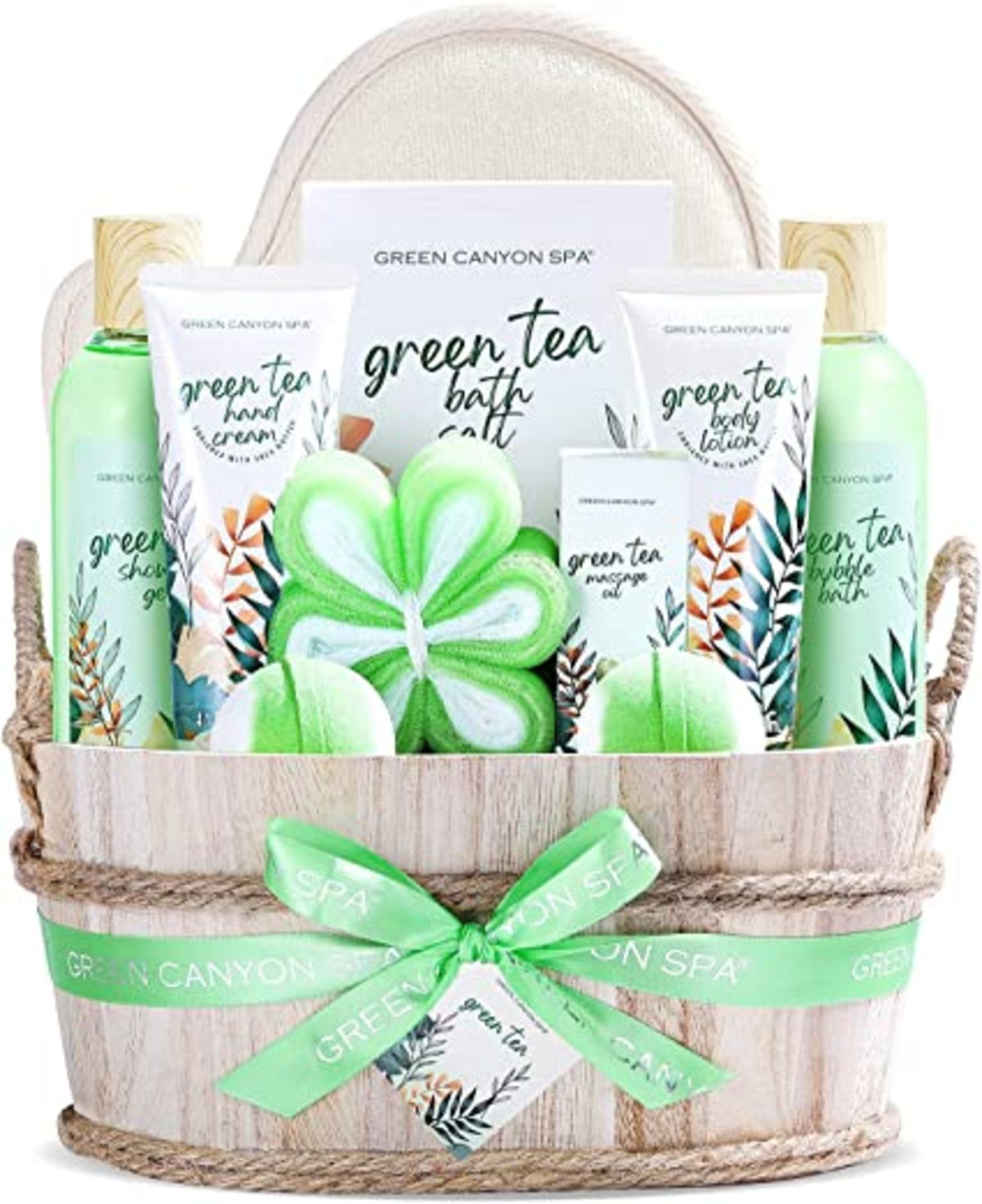 4 X BRAND NEW GREEN CANYON SPA SETS IN WOODEN BASKET INCLUDING SHOWER GEL, BUBBLE BATH, HAND