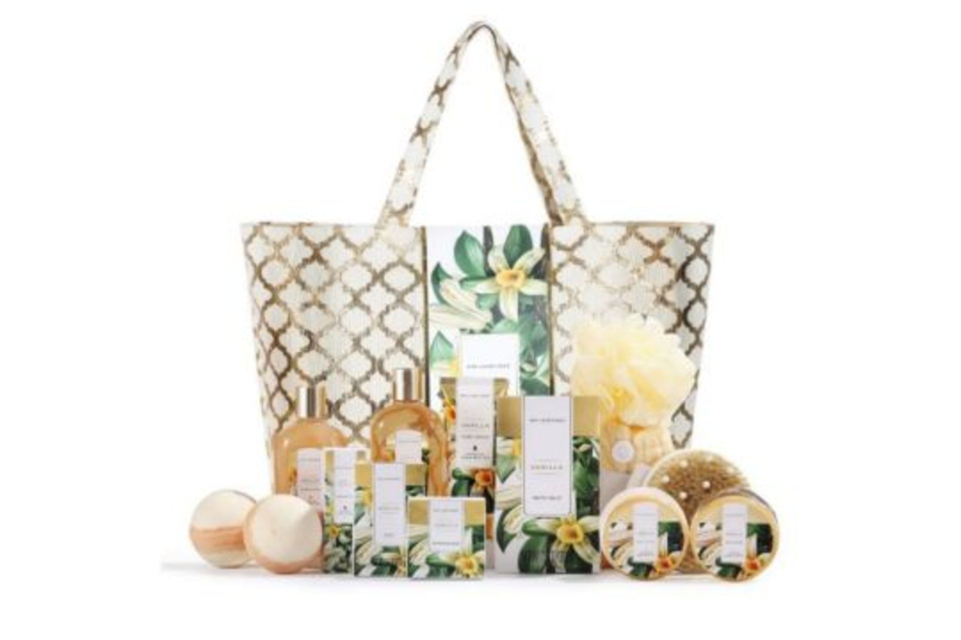 PALLET TO CONTAIN 60 X NEW PACKAGED 15 Piece Vanilla Fashion Bath Set Tote Gift Set. (SKU:SPA-1-
