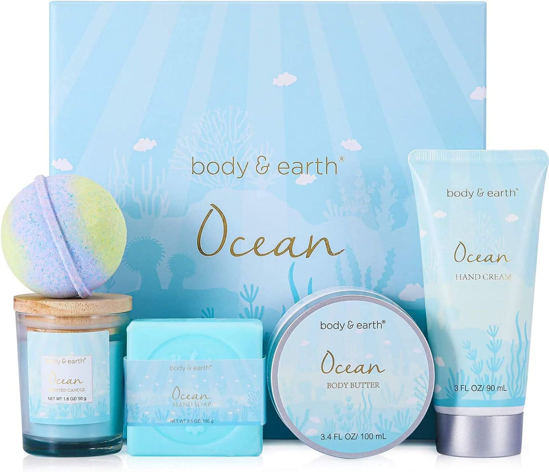 PALLET TO CONTAIN 96 X NEW BOXED BODY & EARTH OCEAN 5 PIECE GIFT SETS. EACH SET INCLUDES: BATH BOMB,