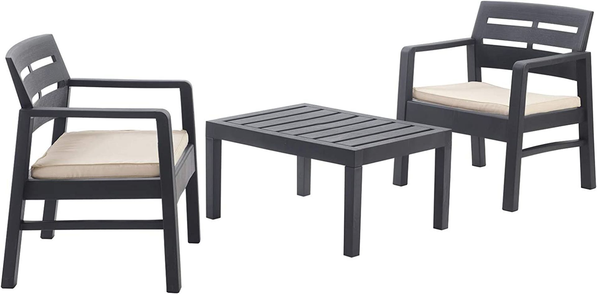 BRAND NEW IPAE WOOD GRAIN EFFECT GARDEN FURNITURE SET WITH TABLE AND 2 LARGE ARM CHAIRS PATIO SET