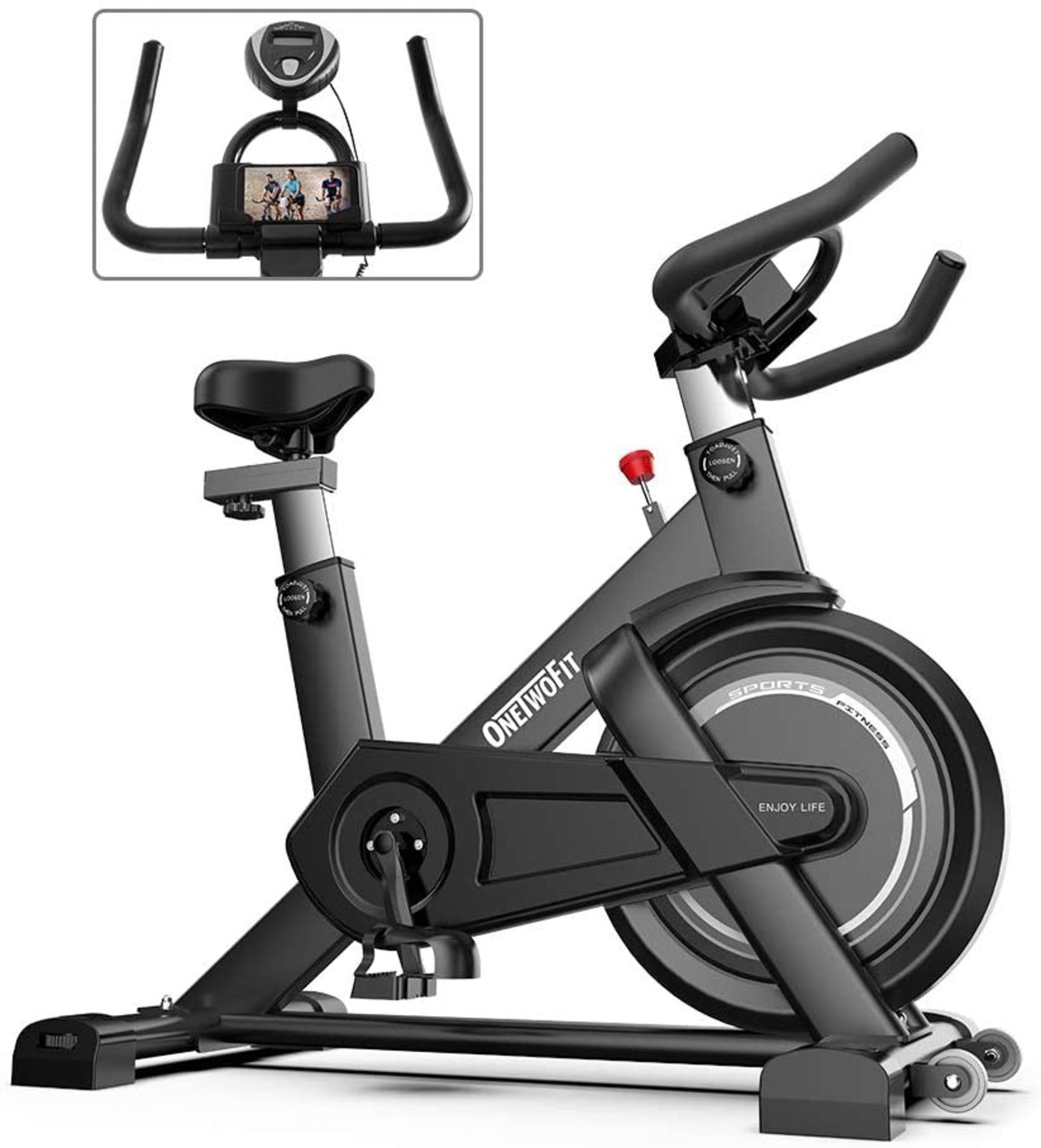 BRAND NEW GREY ONETWOFIT EXERCISE BIKE, CARDIO SPINNING BIKE WITH ADJUSTABLE HANDLEBAR AND SEAT, LCD