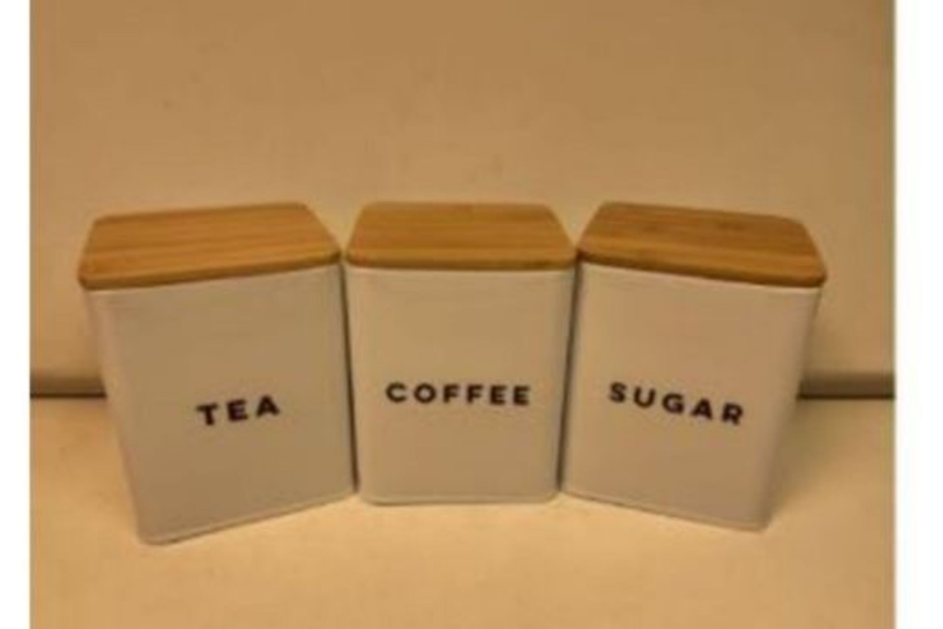 12 x NEW BOXED SETS OF 3 - TEA, COFFEE & SUGAR SETS - WHITE WITH BAMBOO AIRTIGHT LIDS (ROW19)