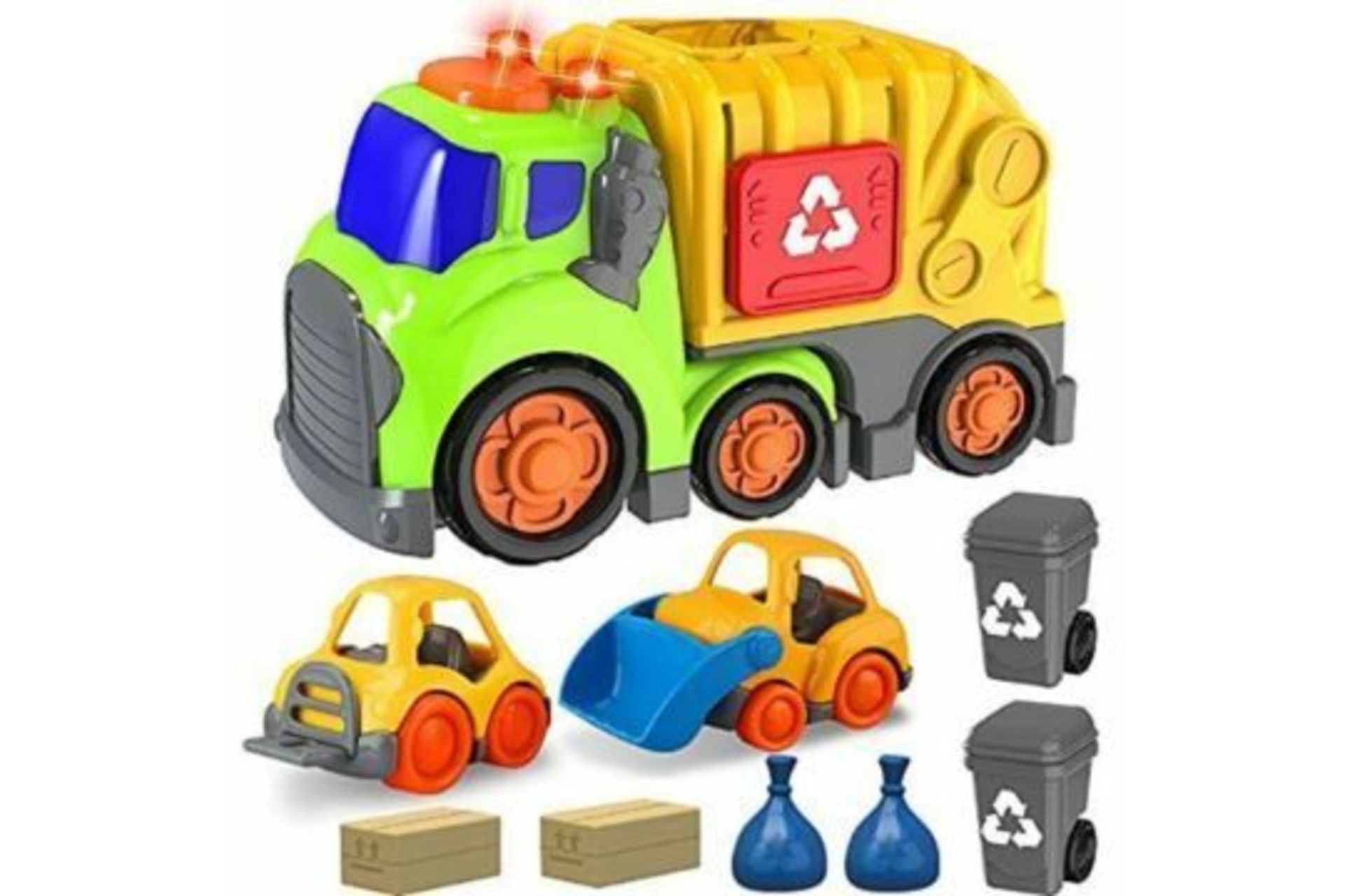 6 X BRAND NEW GARBAGE TRUCK WITH 2 TRASH CANS SOUND AND LIGHT RRP £35 EACH