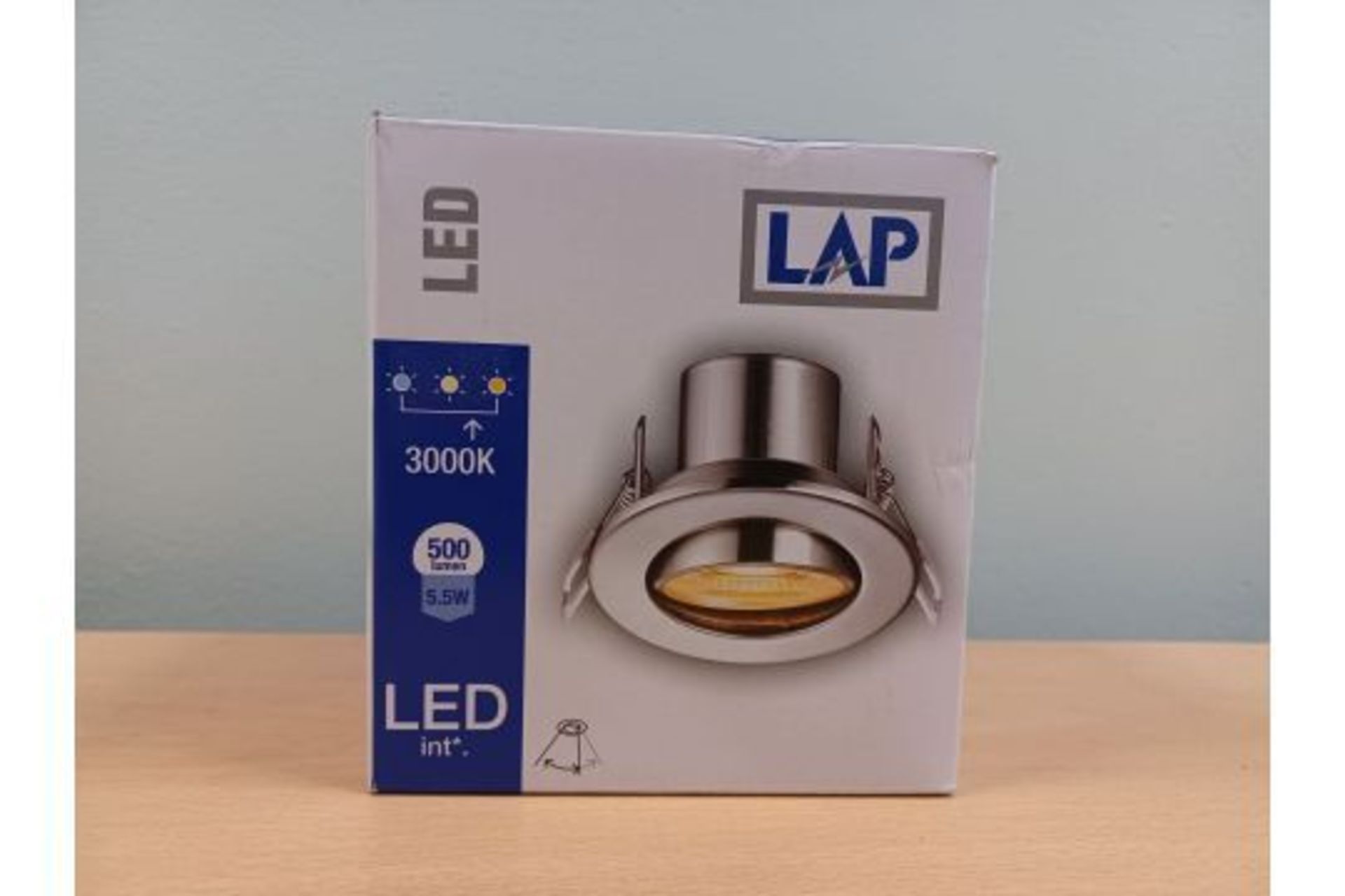 100 X NEW BOXED LAP SATIN LED DOWNLIGHTS. 500 LUMEN. 5.5W. 3000K. TILTABLE (ROW 12)