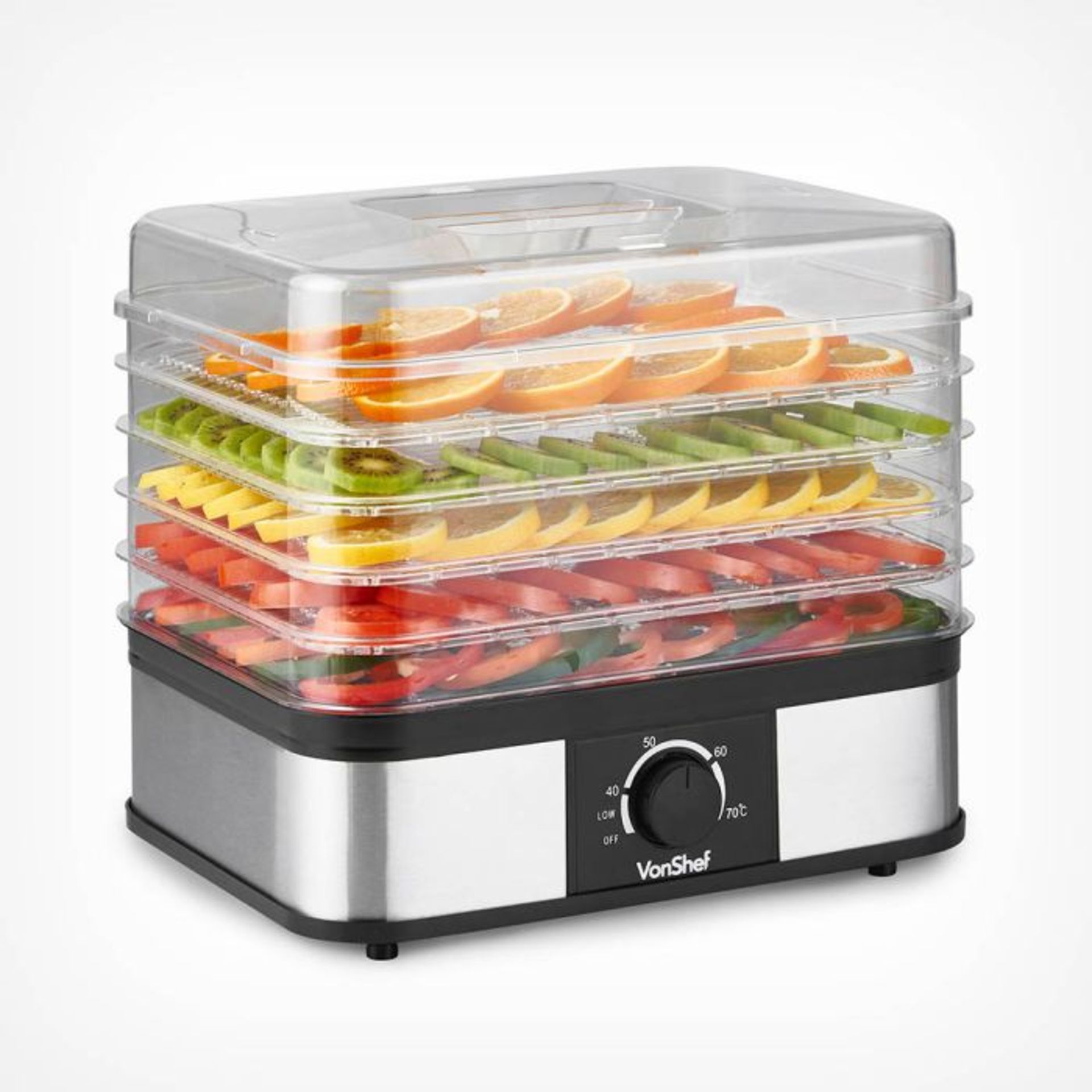 5 Tier Food Dehydrator. This dehydrator boasts a spacious 5 tray design and adjustable temperature