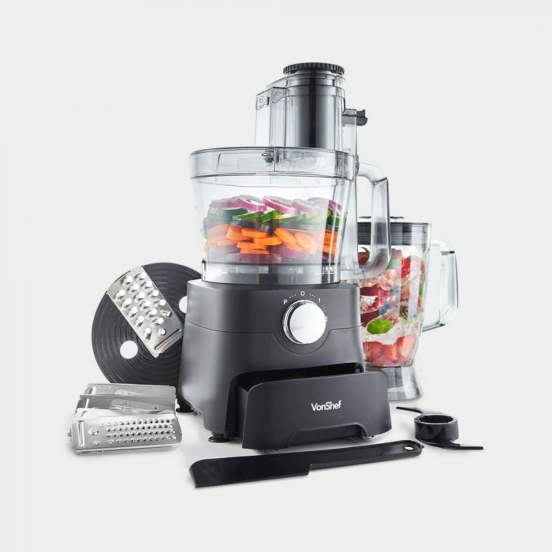 1000W Food Processor. Its robust stainless steel blades and durable plastic attachments can tackle