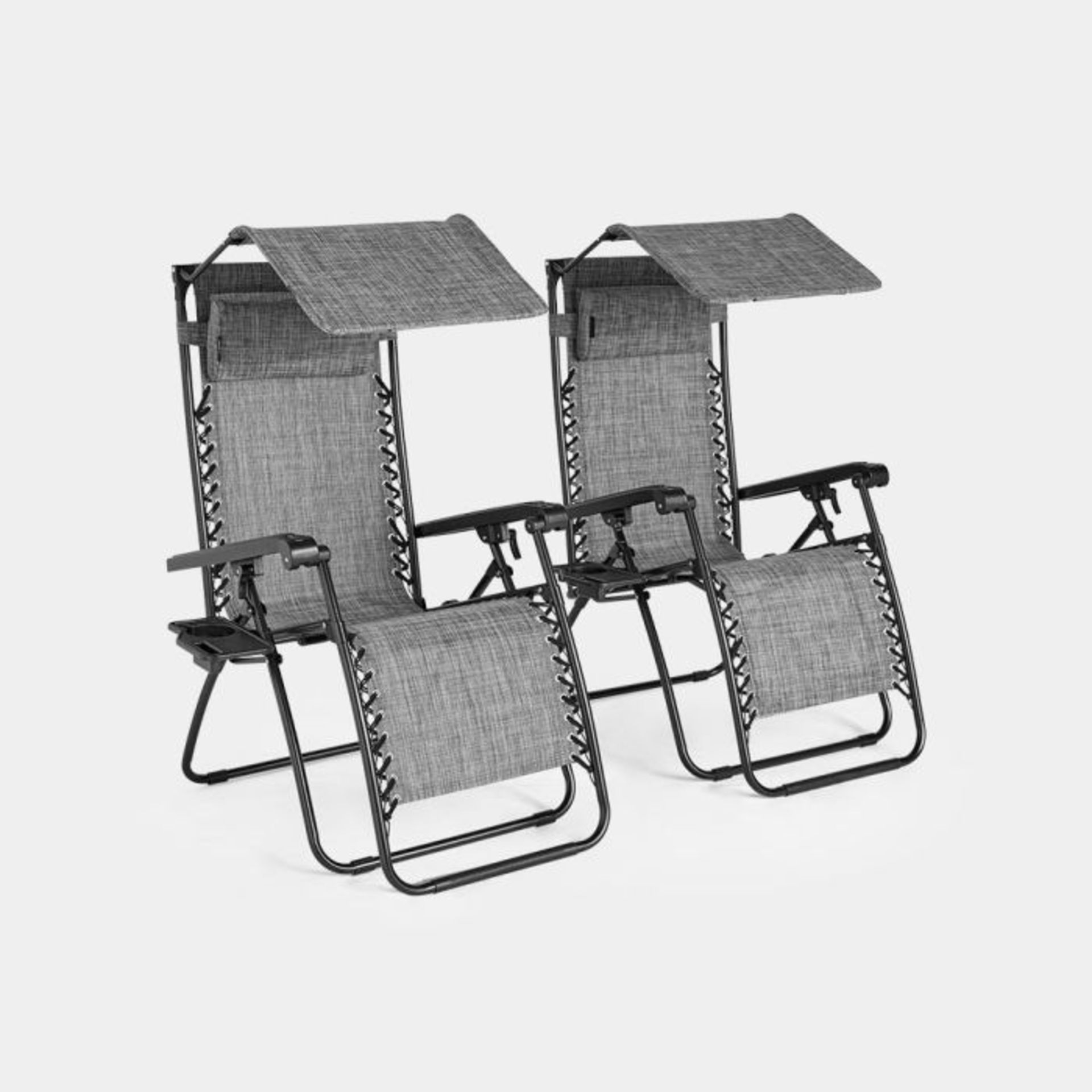 Set of 2 Zero Gravity Canopy Chairs. Complete with an adjustable canopy and drinks holder, this