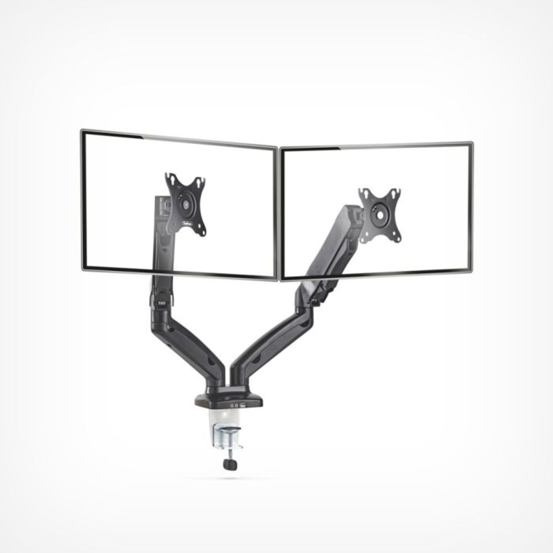 Dual Arm Gas Mount With Clamp. The perfect alternative to a basic monitor stand, this ultra-flexible