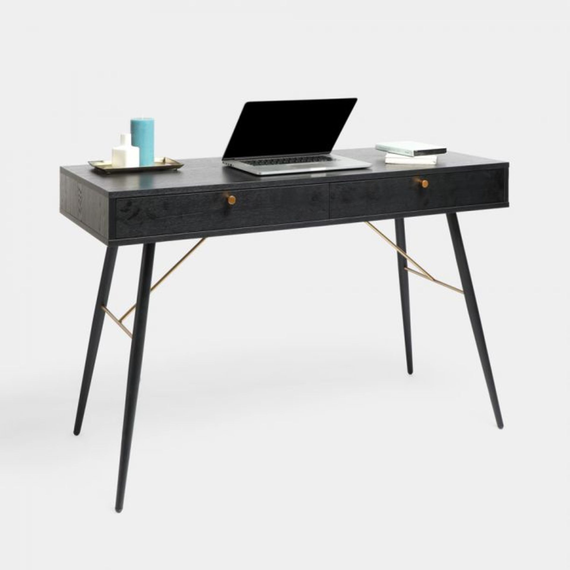 2 Drawer Black Dressing Table Desk. Beautifully accented with gold handles, the deep black desk