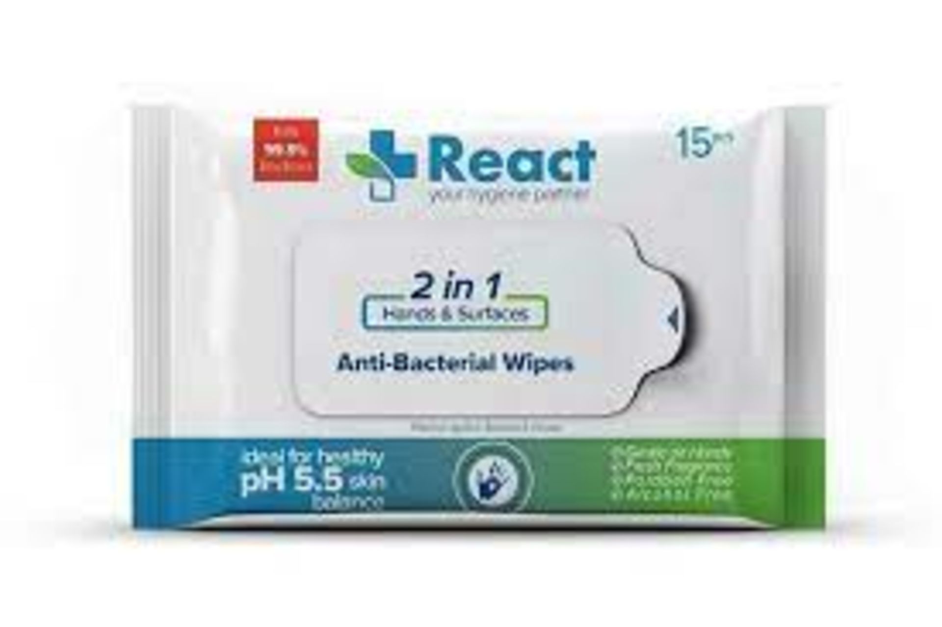 Pallet To Contain 4,200 Packs of 15 React - 2 in 1 Hand & Surfaces Anti-Bacterial Wipes. RRP £1.99